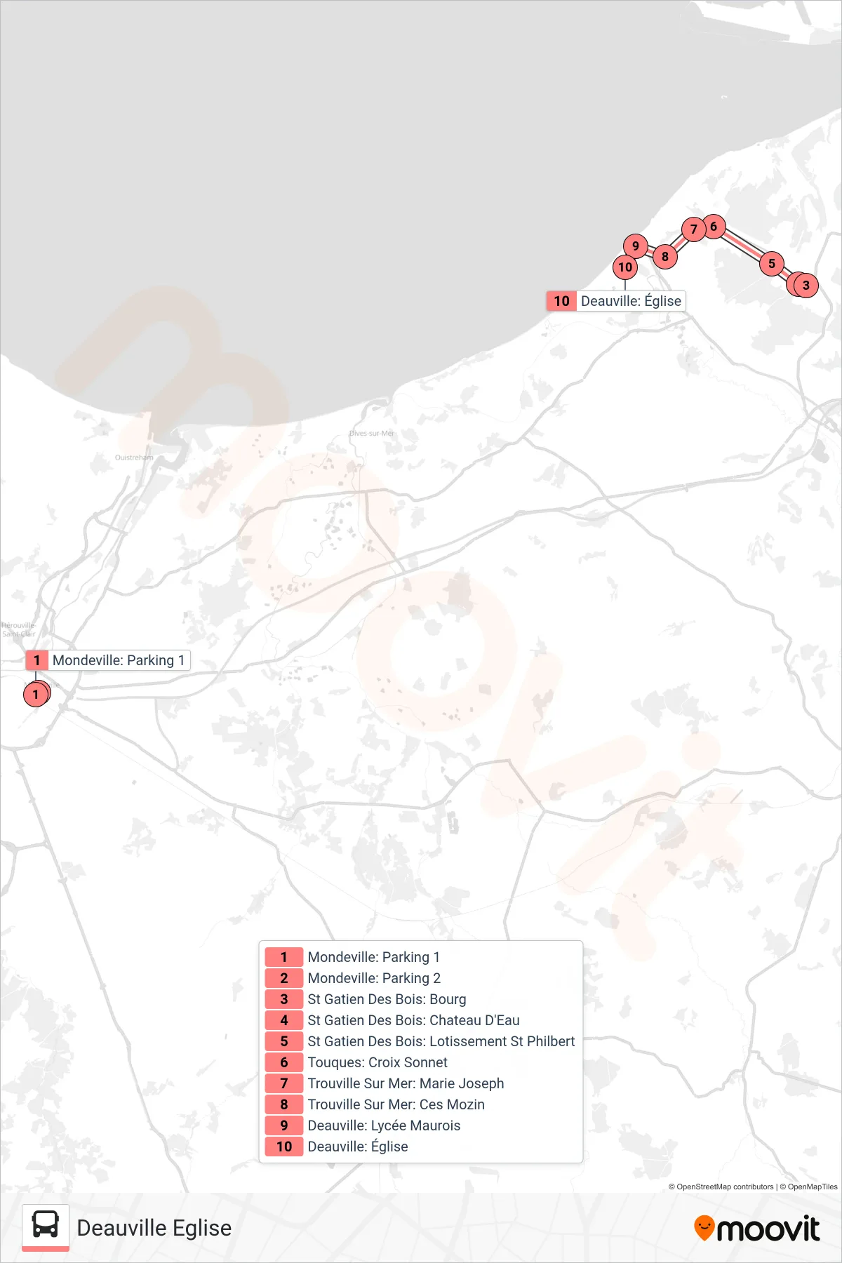 LIGNE 122 bus Line (Deauville Eglise) route and stops on a map
