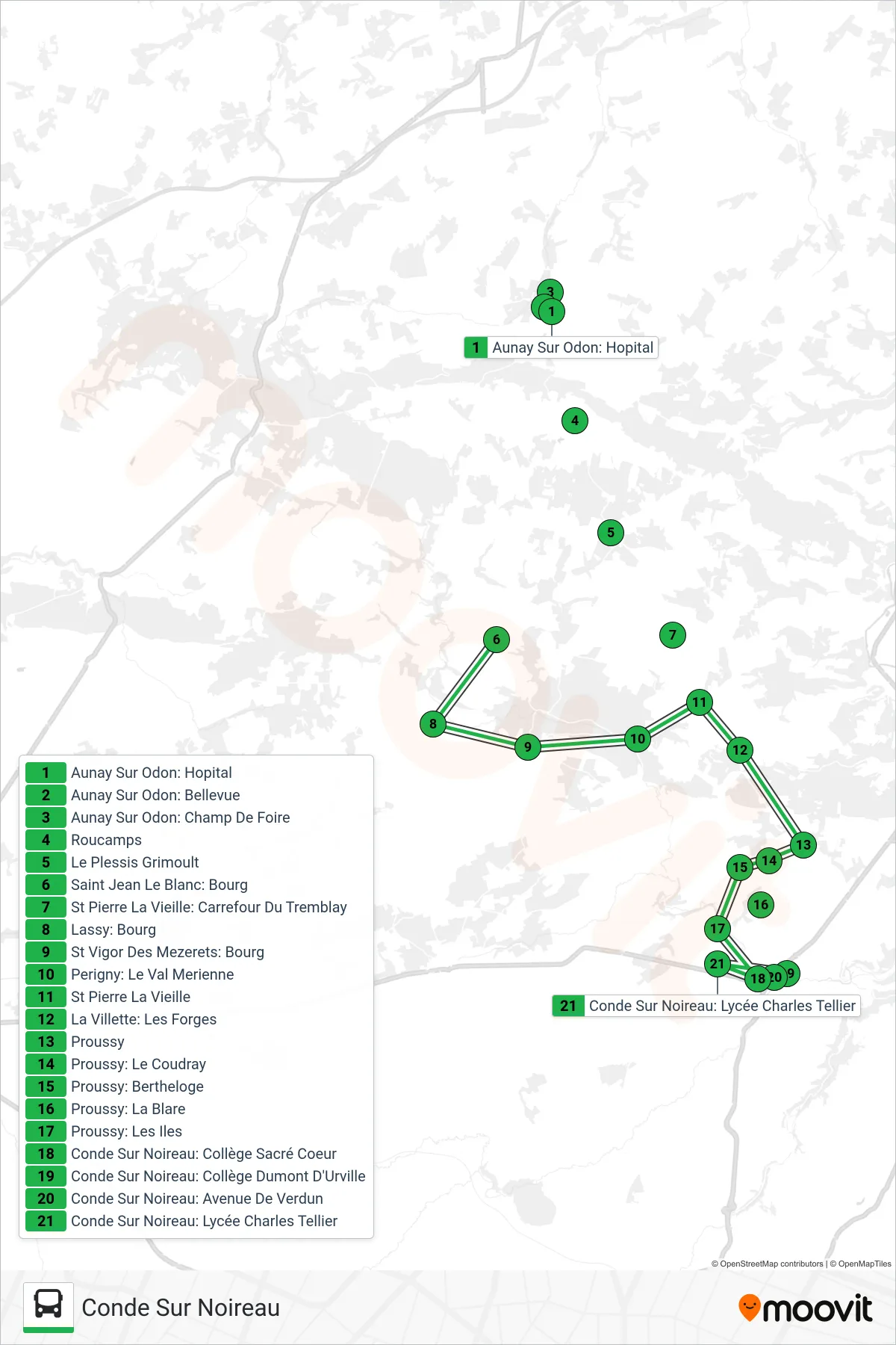 LIGNE 131 bus Line (Conde Sur Noireau) route and stops on a map