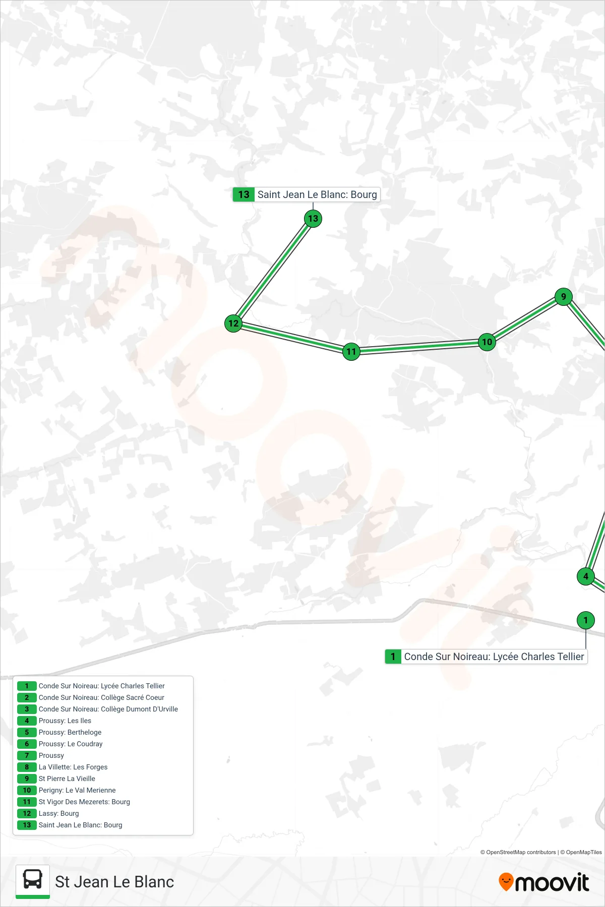 Tracé et arrêts de la ligne LIGNE 131 de bus (St Jean Le Blanc) sur une carte