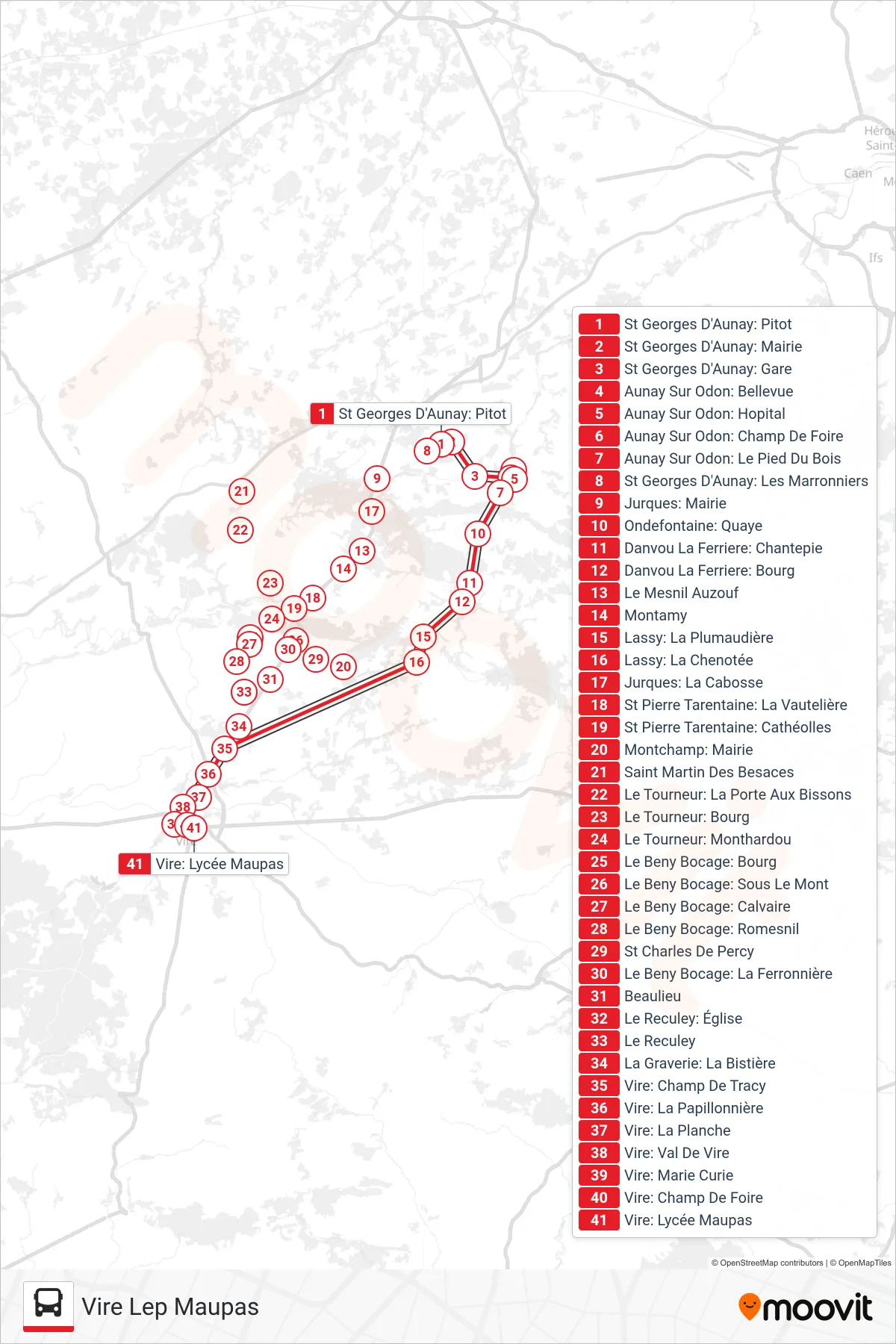 LIGNE 133 bus Line (Vire Lep Maupas) route and stops on a map