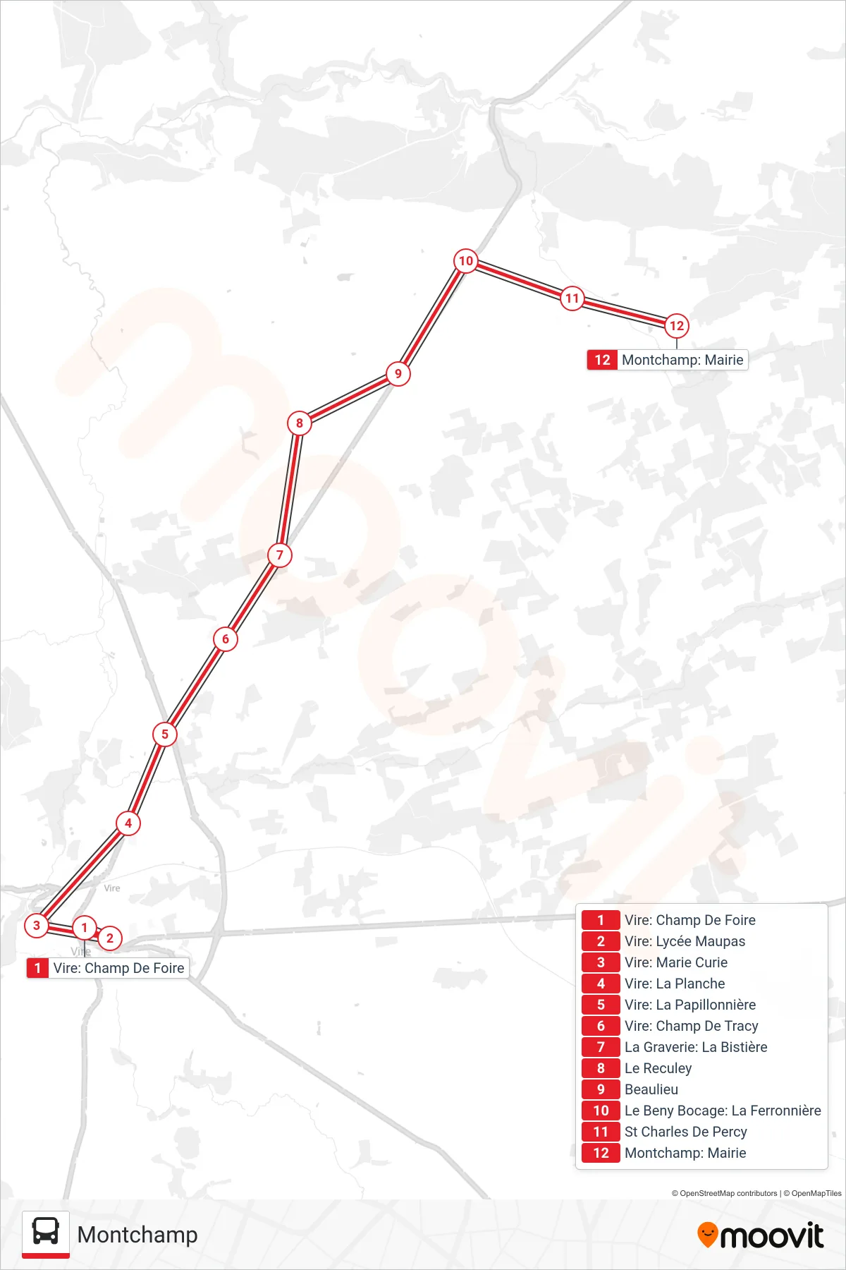 Tracé et arrêts de la ligne LIGNE 133 de bus (Montchamp) sur une carte