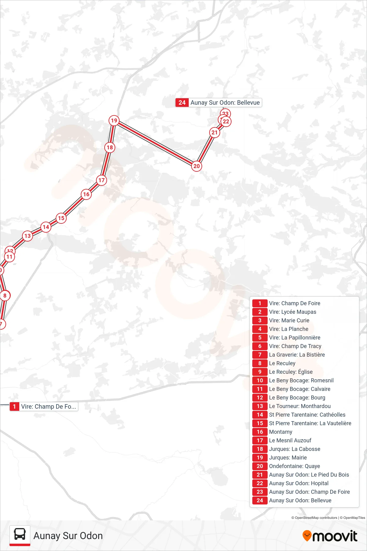 LIGNE 133 bus Line (Aunay Sur Odon) route and stops on a map