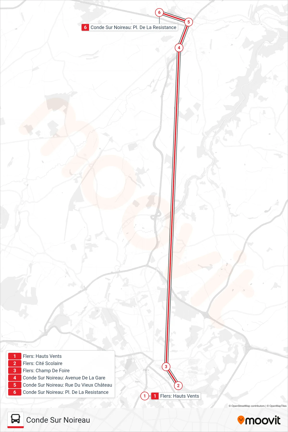 LIGNE 134 bus Line (Conde Sur Noireau) route and stops on a map