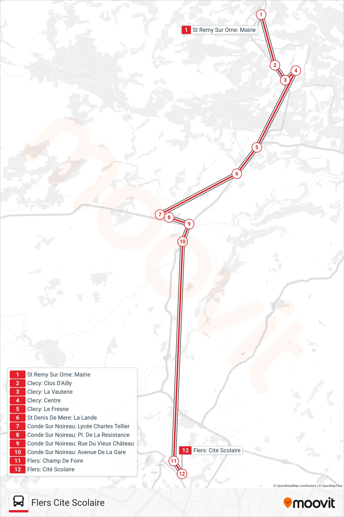 Tracé et arrêts de la ligne LIGNE 134 de bus (Flers Cite Scolaire) sur une carte