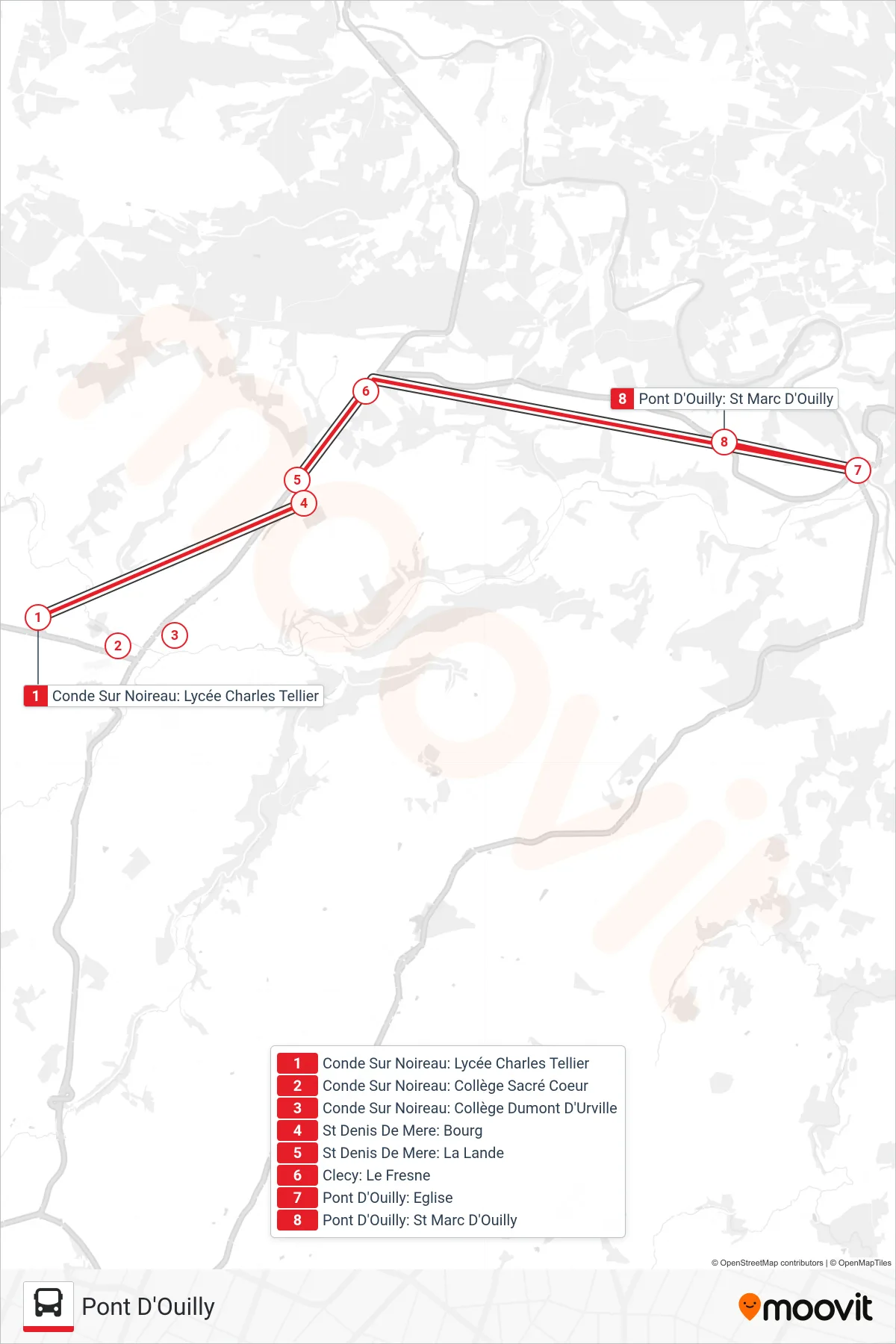 LIGNE 134 bus Line (Pont D'Ouilly) route and stops on a map