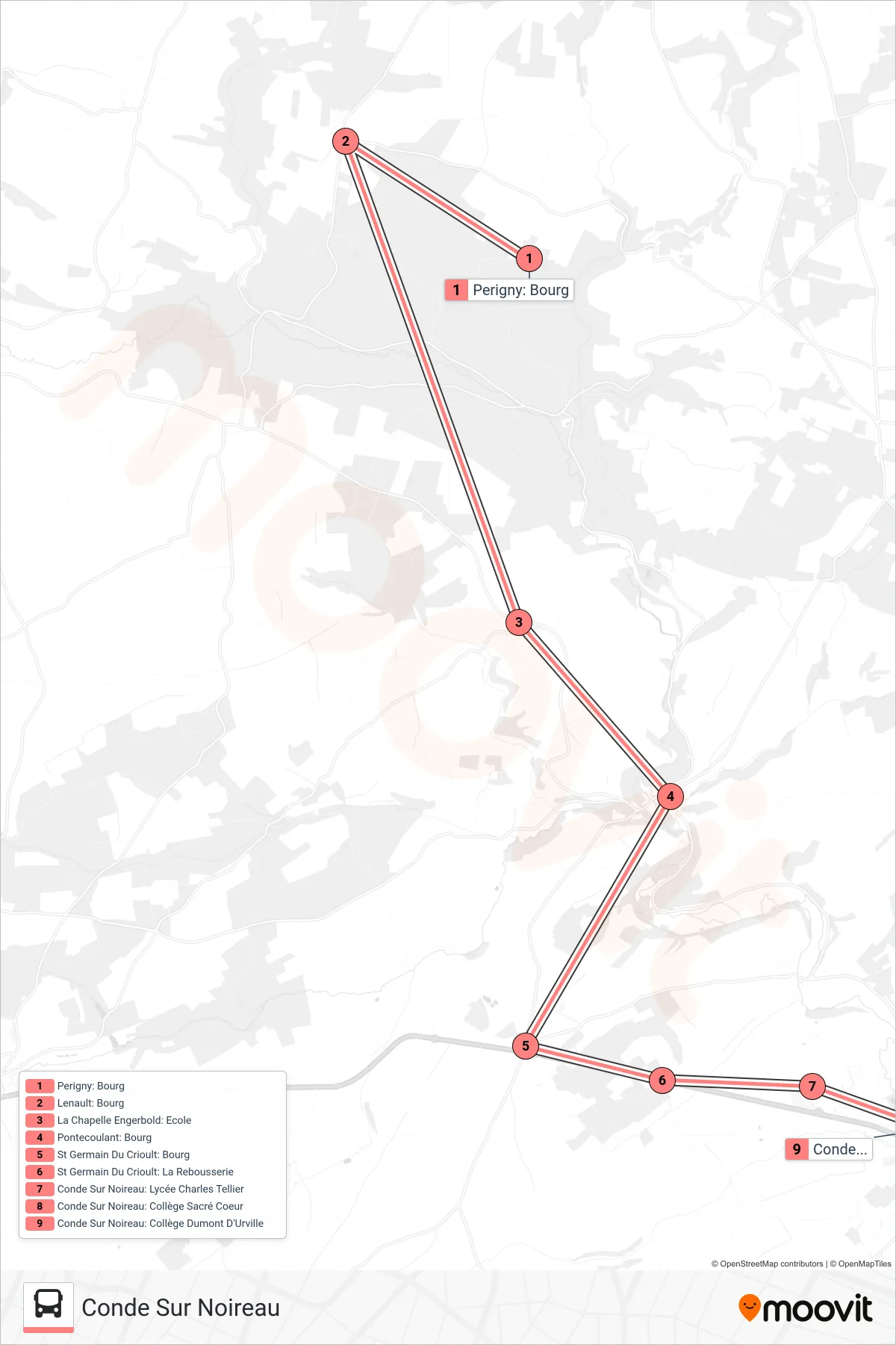 Tracé et arrêts de la ligne LIGNE 138 de bus (Conde Sur Noireau) sur une carte
