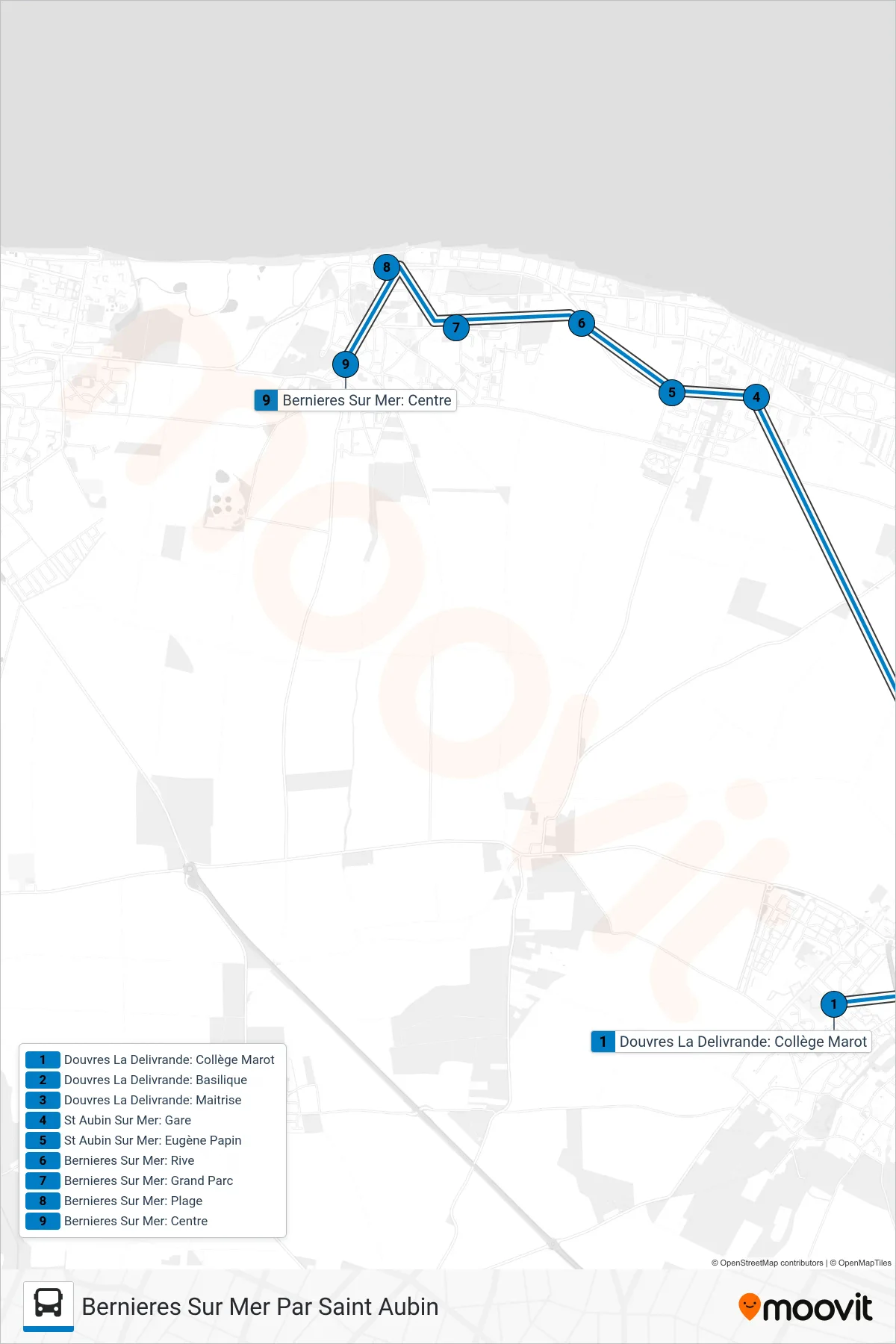 LIGNE 145 bus Line (Bernieres Sur Mer Par Saint Aubin) route and stops on a map