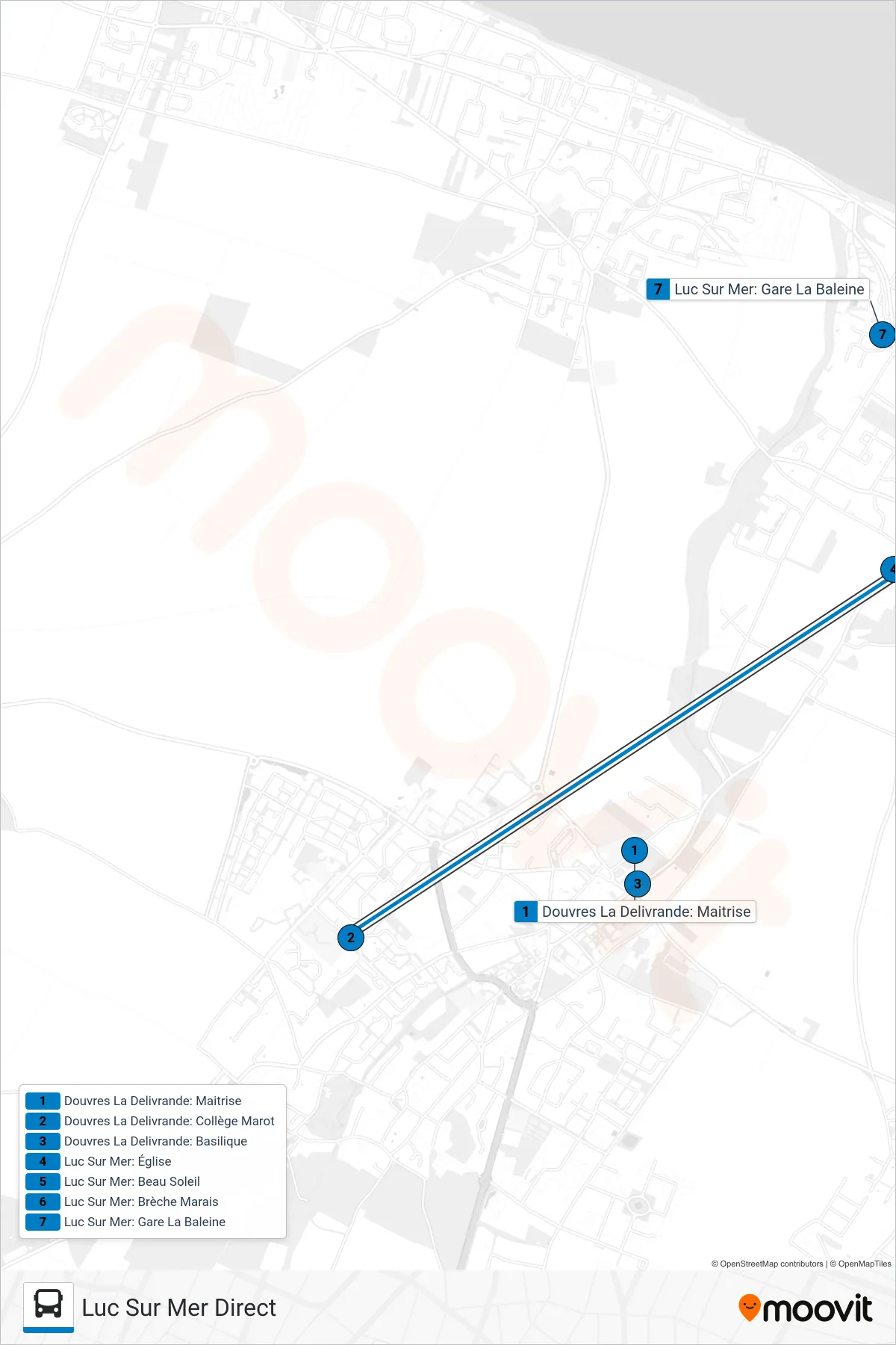 LIGNE 145 bus Line (Luc Sur Mer Direct) route and stops on a map