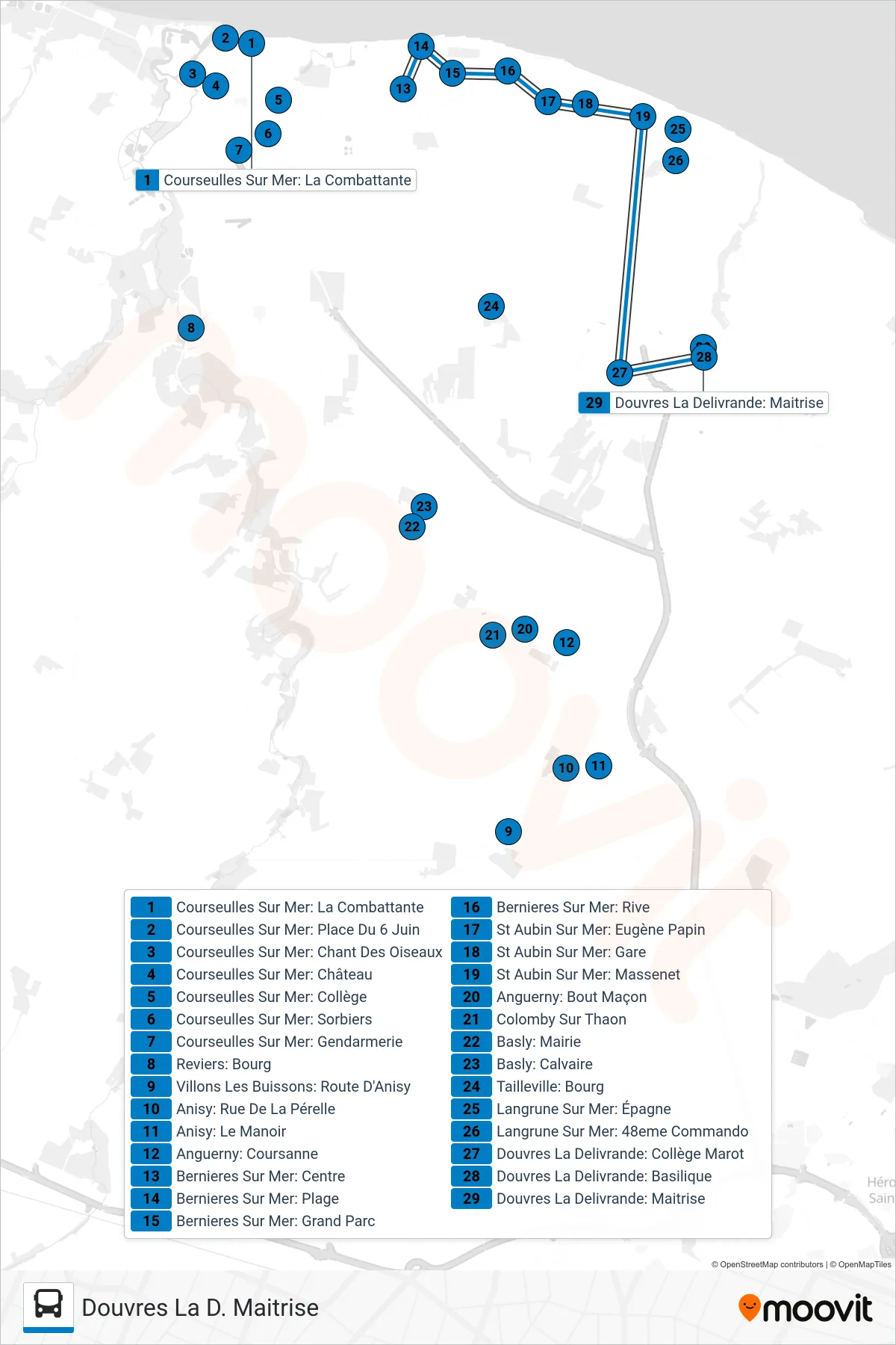 LIGNE 145 bus Line (Douvres La D. Maitrise) route and stops on a map