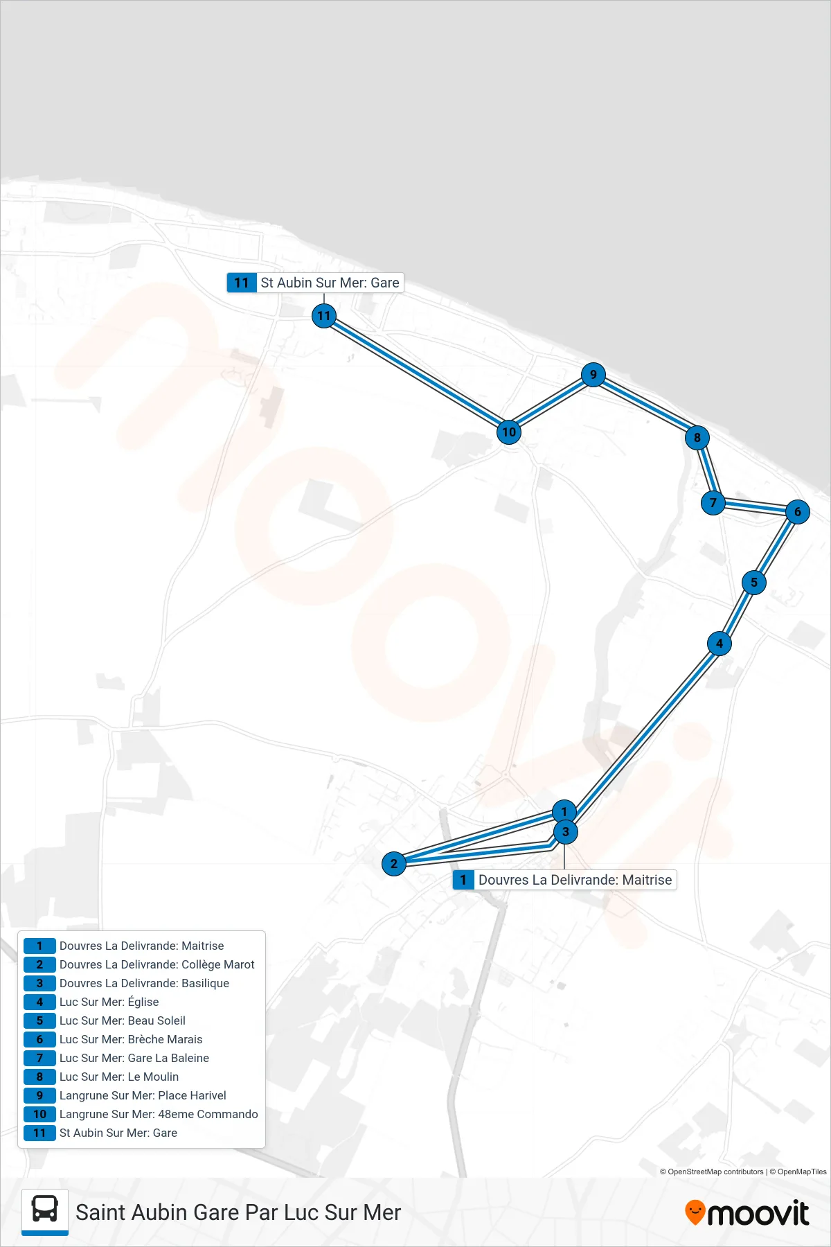 LIGNE 145 bus Line (Saint Aubin Gare Par Luc Sur Mer) route and stops on a map