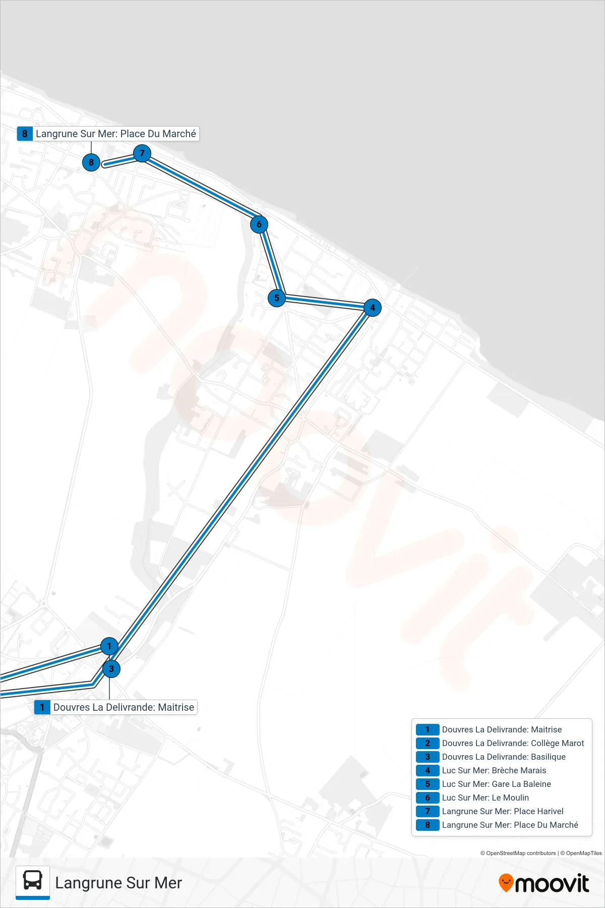 LIGNE 145 bus Line (Langrune Sur Mer) route and stops on a map