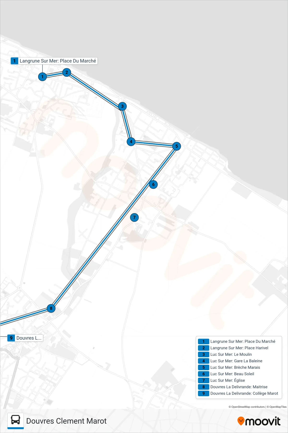 LIGNE 145 bus Line (Douvres Clement Marot) route and stops on a map