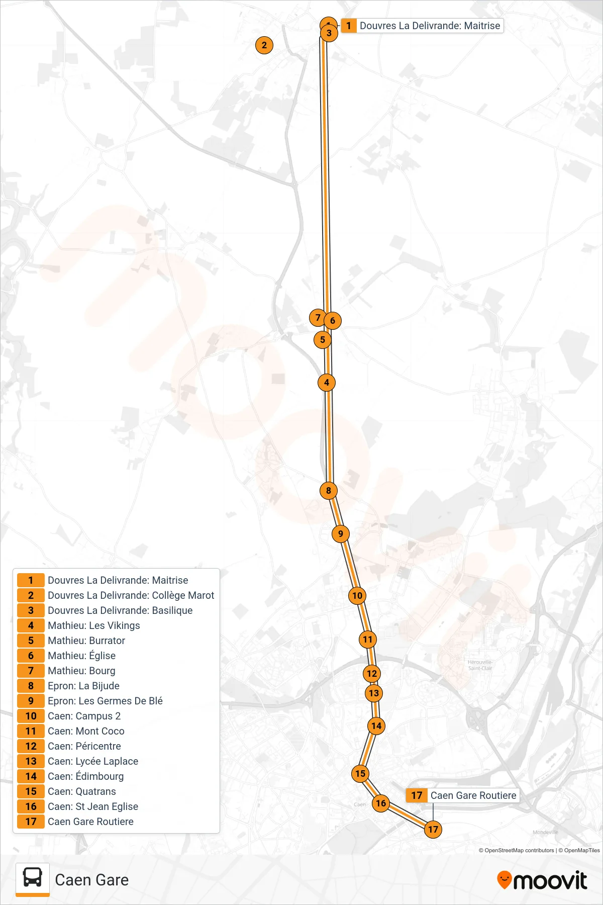 Tracé et arrêts de la ligne LIGNE 146 de bus (Caen Gare) sur une carte
