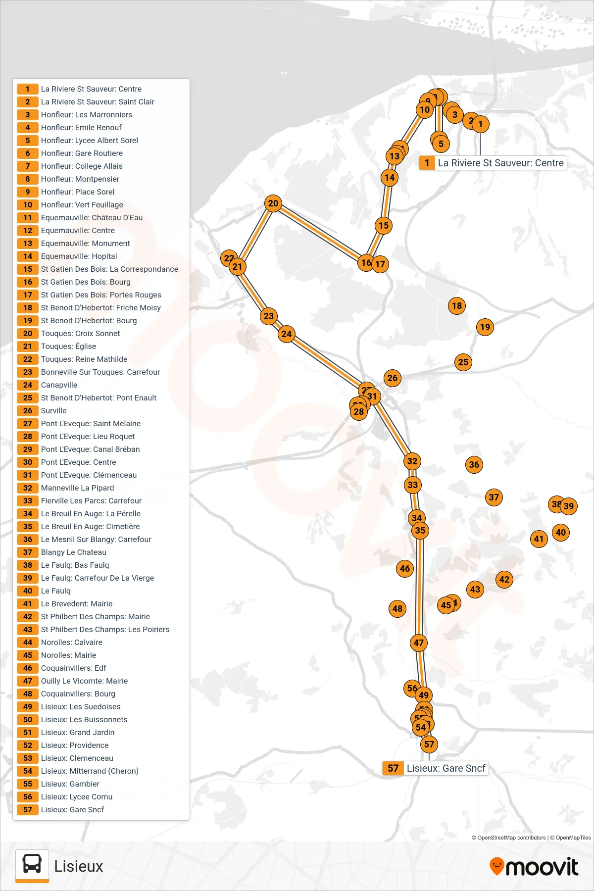 LIGNE 150 bus Line (Lisieux) route and stops on a map