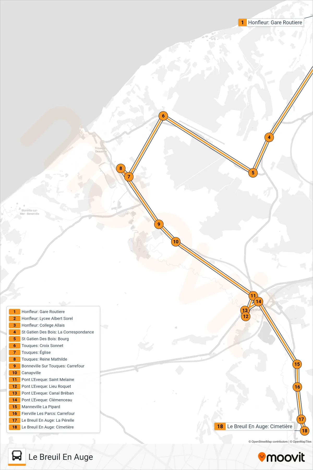 LIGNE 150 bus Line (Le Breuil En Auge) route and stops on a map