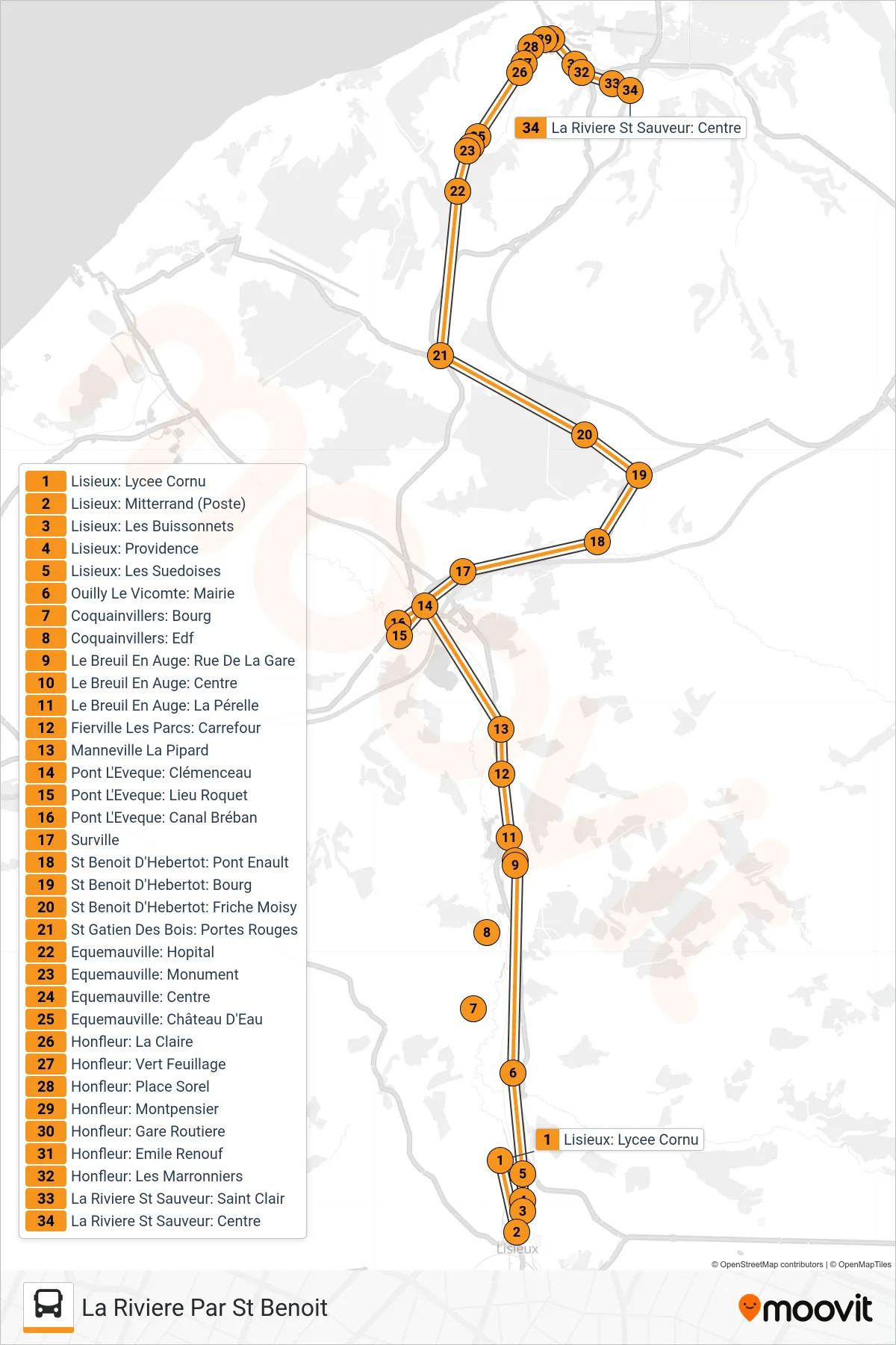 Tracé et arrêts de la ligne LIGNE 150 de bus (La Riviere Par St Benoit) sur une carte