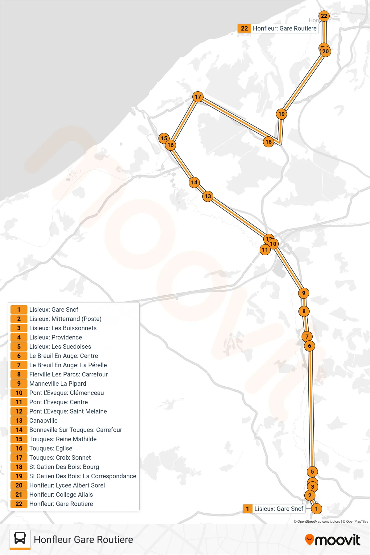 LIGNE 150 bus Line (Honfleur Gare Routiere) route and stops on a map