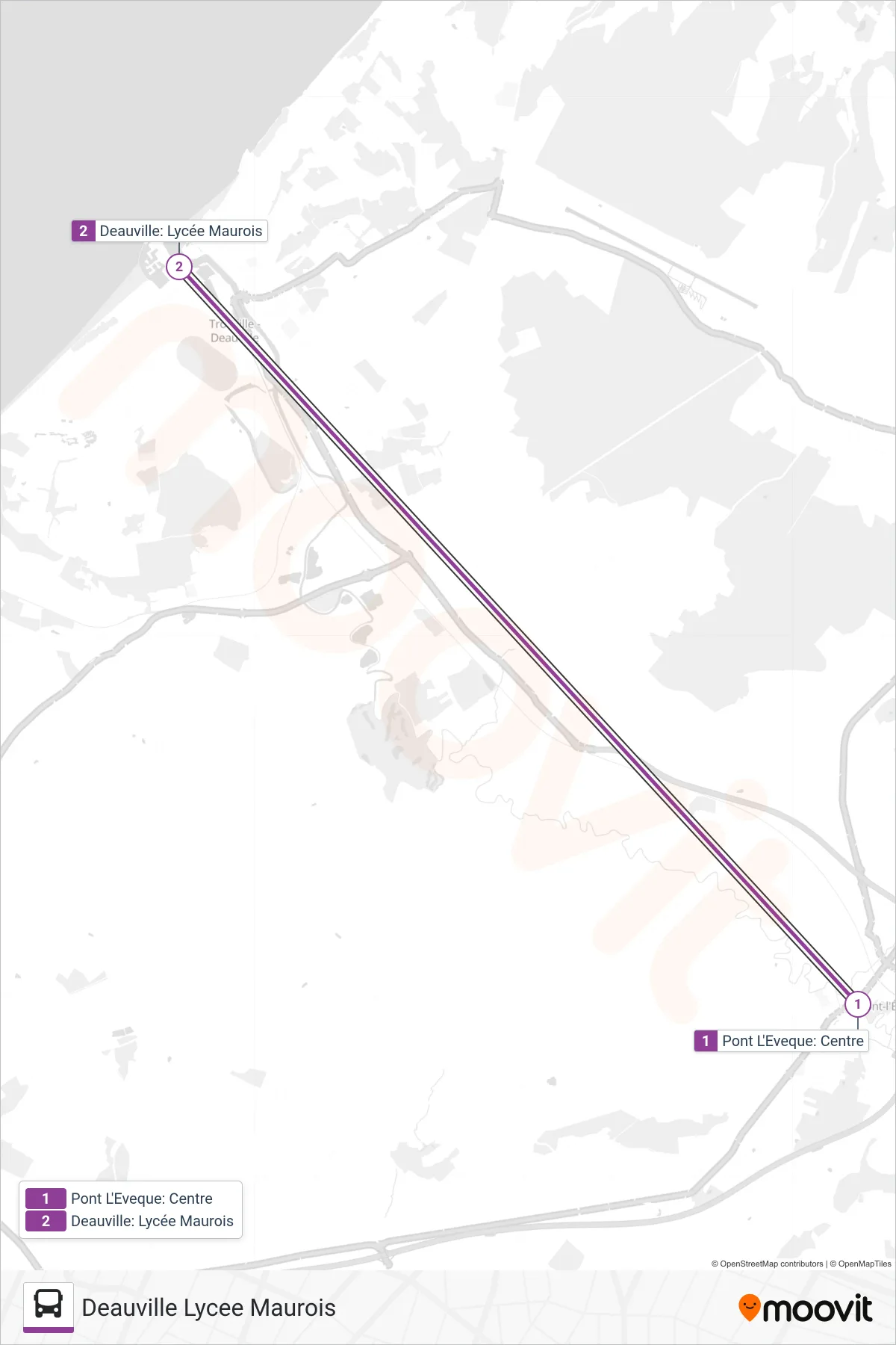 Tracé et arrêts de la ligne LIGNE 151 de bus (Deauville Lycee Maurois) sur une carte