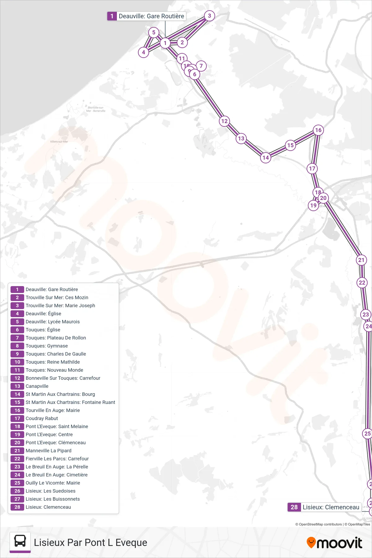 Tracé et arrêts de la ligne LIGNE 151 de bus (Lisieux Par Pont L Eveque) sur une carte