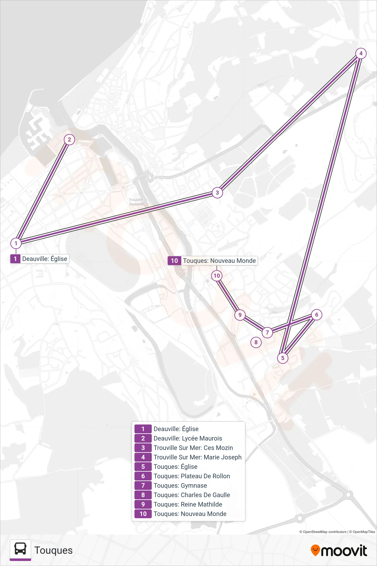 LIGNE 151 bus Line (Touques) route and stops on a map