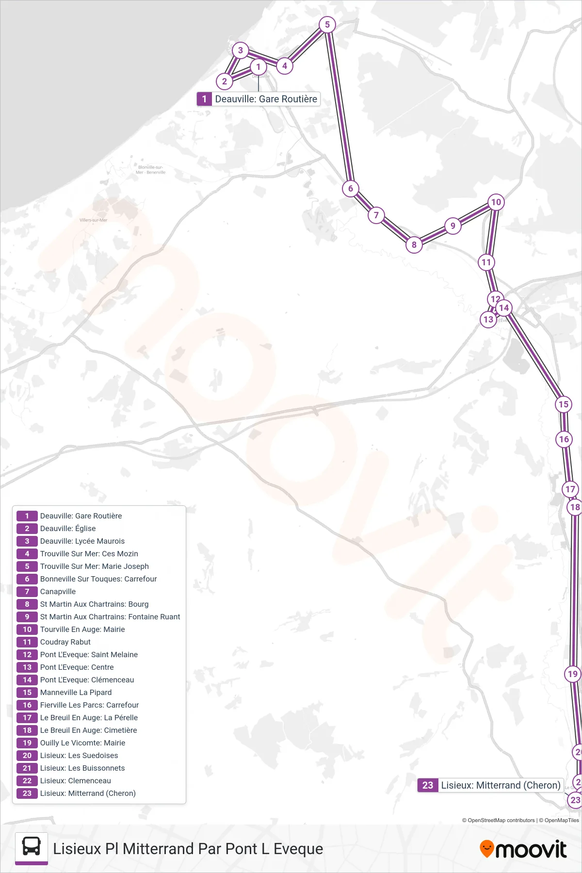 LIGNE 151 bus Line (Lisieux Pl Mitterrand Par Pont L Eveque) route and stops on a map
