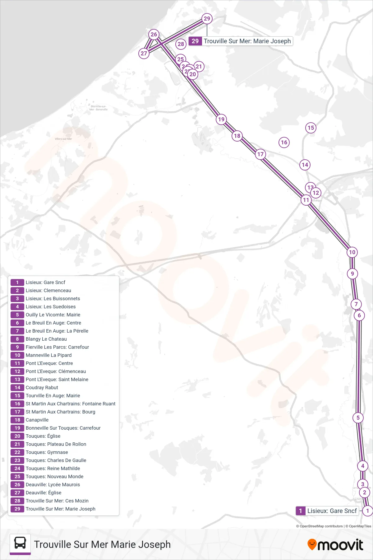 Tracé et arrêts de la ligne LIGNE 151 de bus (Trouville Sur Mer Marie Joseph) sur une carte
