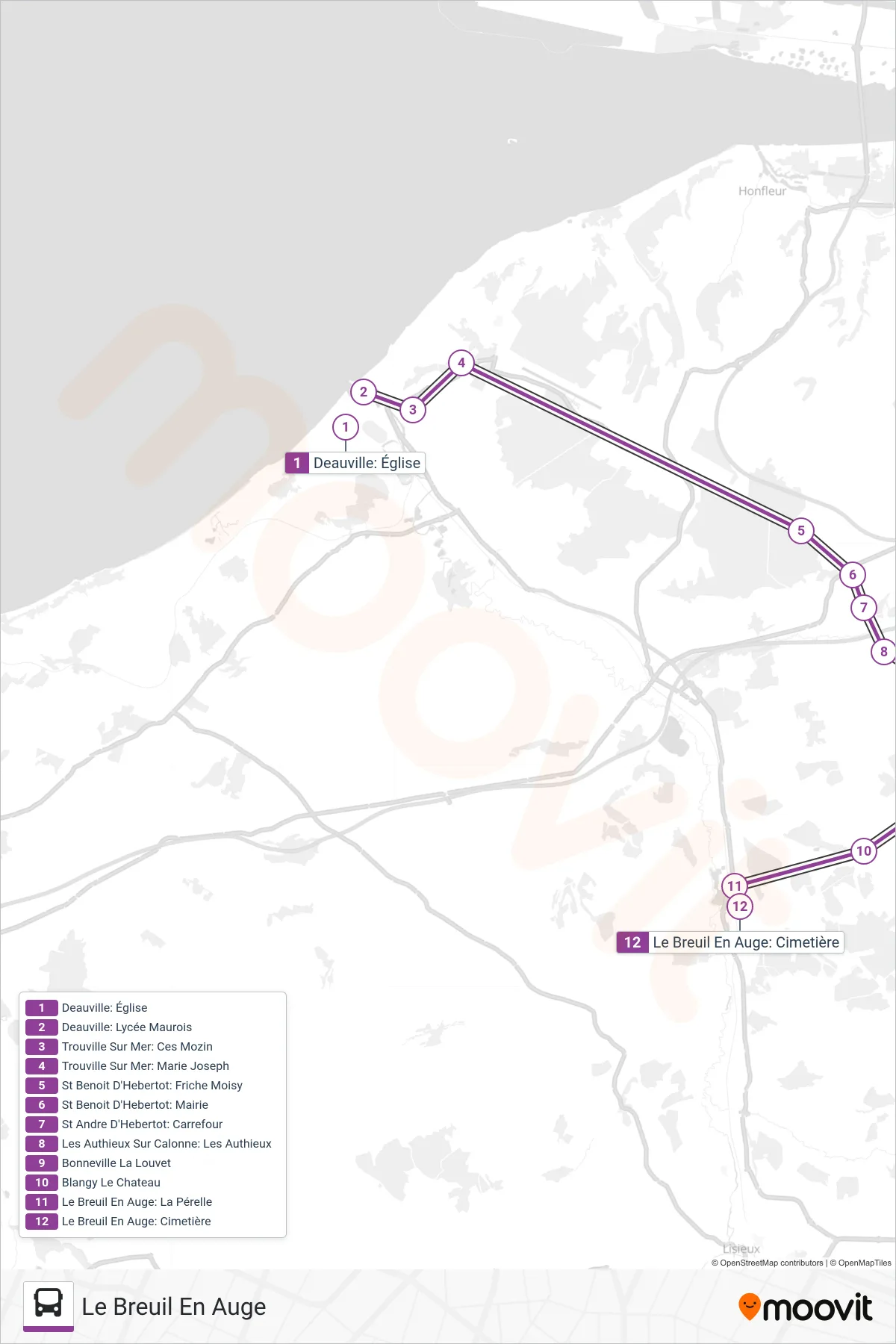 Tracé et arrêts de la ligne LIGNE 151 de bus (Le Breuil En Auge) sur une carte