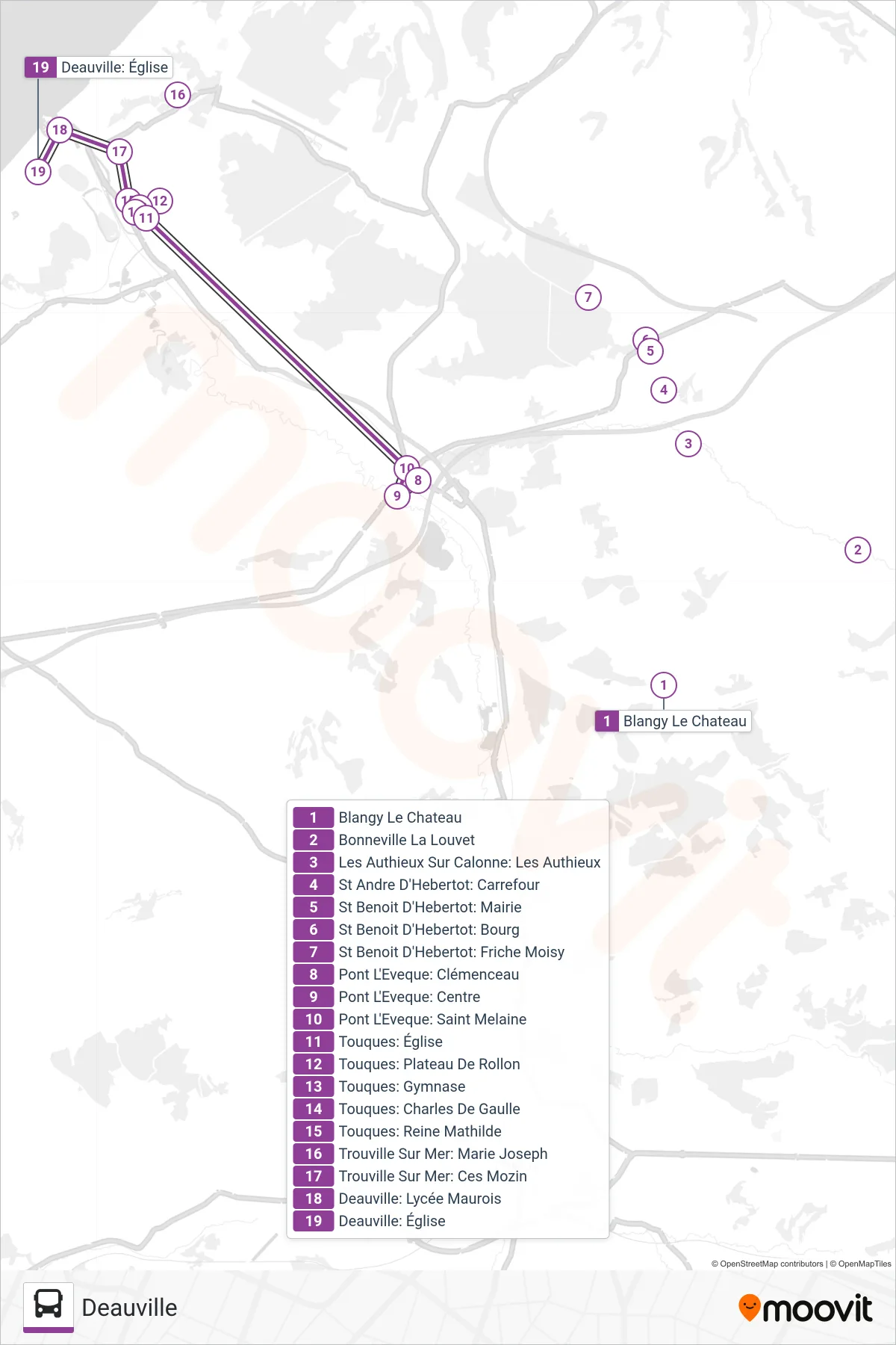 LIGNE 151 bus Line (Deauville) route and stops on a map