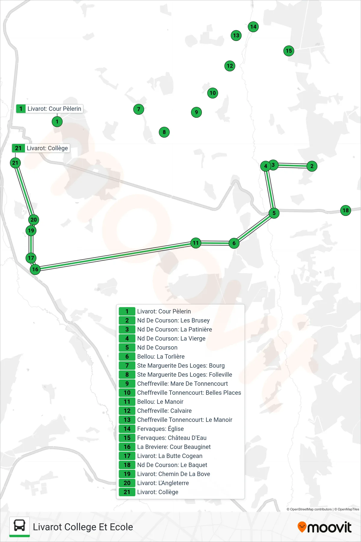 Tracé et arrêts de la ligne LIGNE 153 de bus (Livarot College Et Ecole) sur une carte