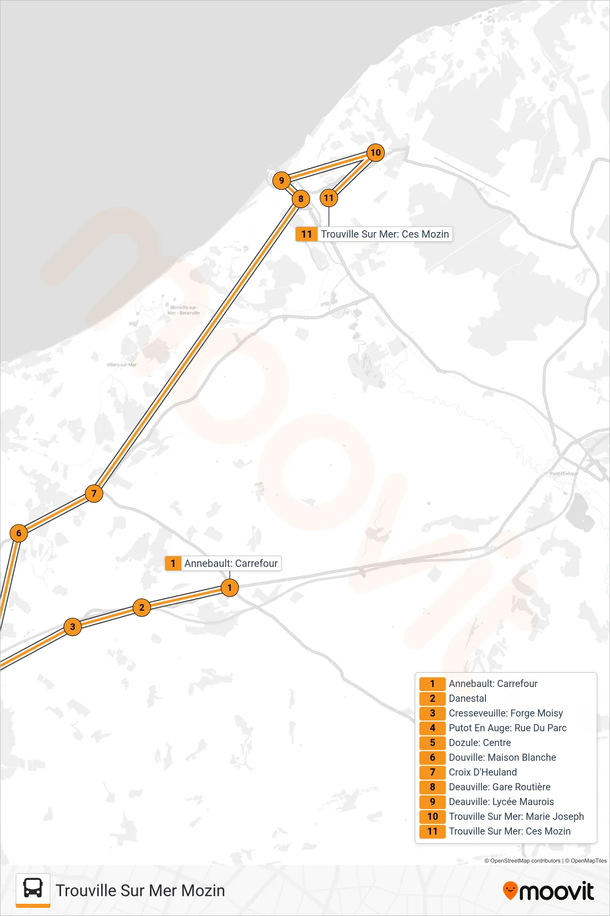 LIGNE 154 bus Line (Trouville Sur Mer Mozin) route and stops on a map