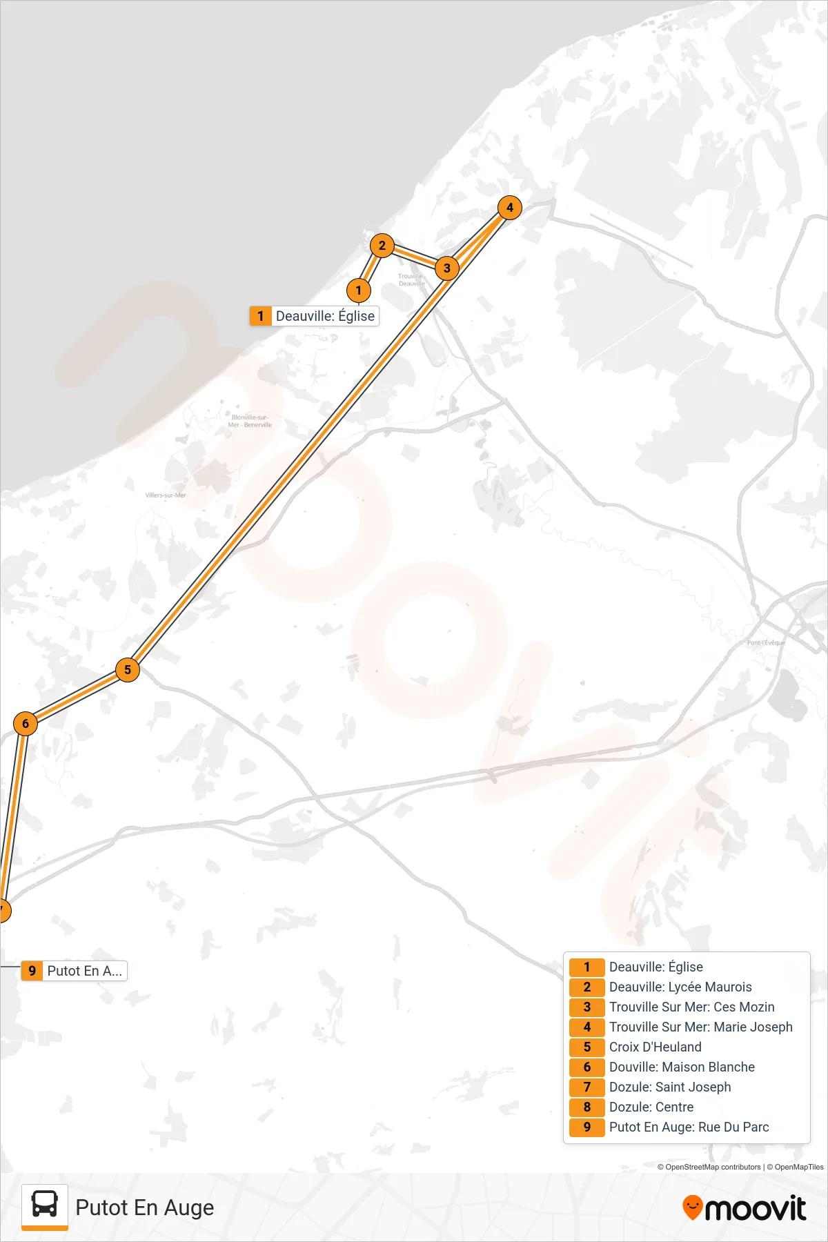 LIGNE 154 bus Line (Putot En Auge) route and stops on a map