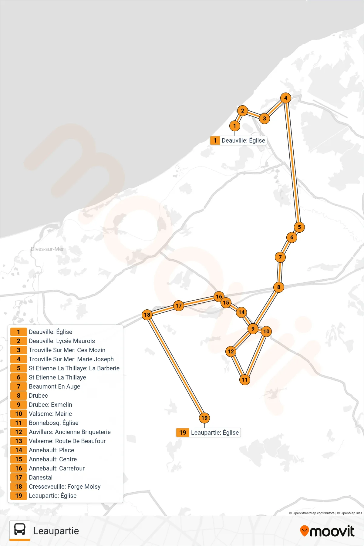 Tracé et arrêts de la ligne LIGNE 154 de bus (Leaupartie) sur une carte