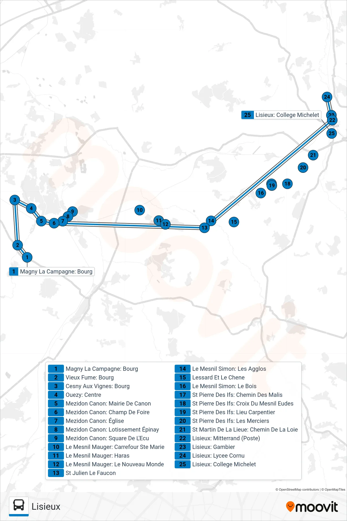 LIGNE 155 bus Line (Lisieux) route and stops on a map