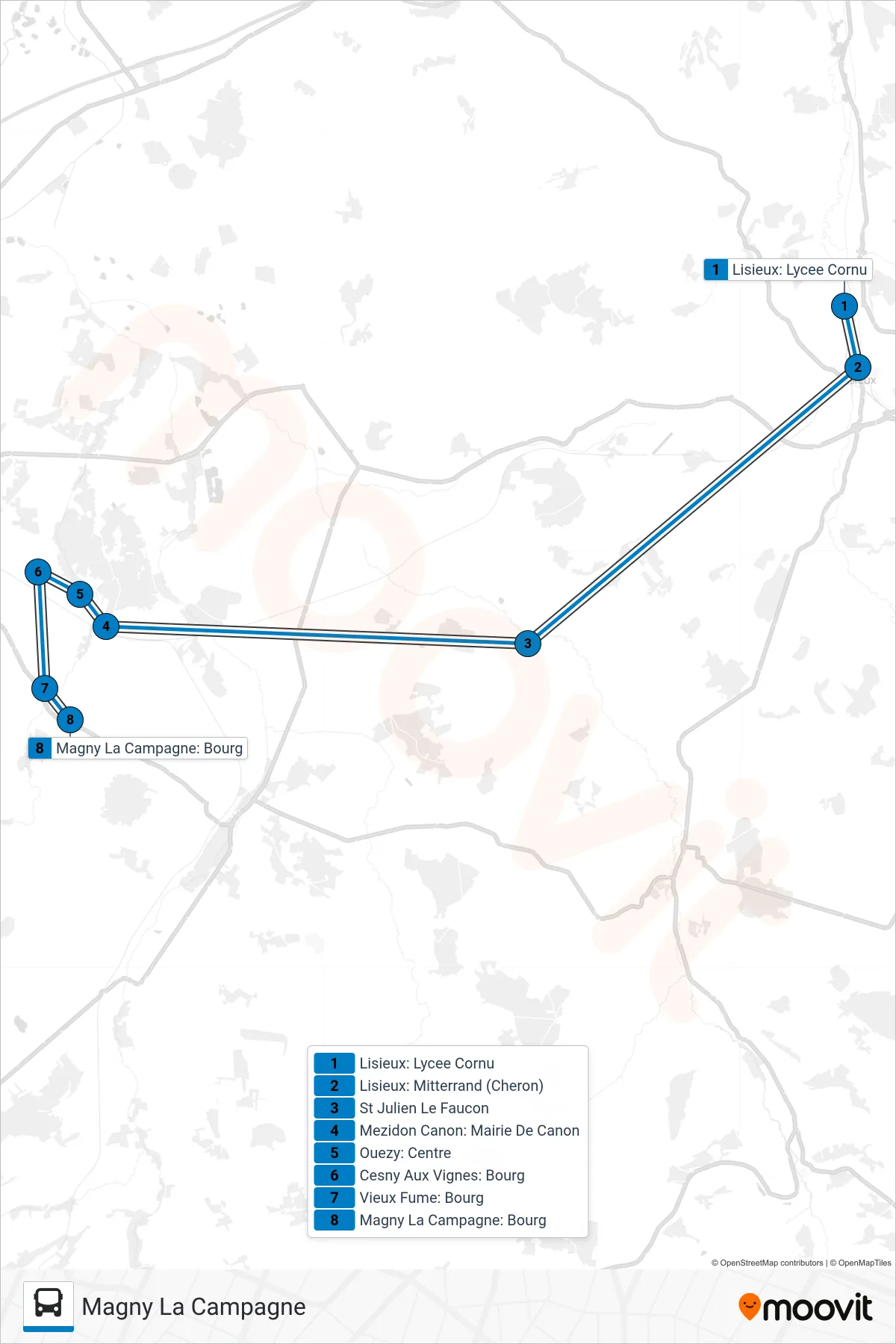 LIGNE 155 bus Line (Magny La Campagne) route and stops on a map