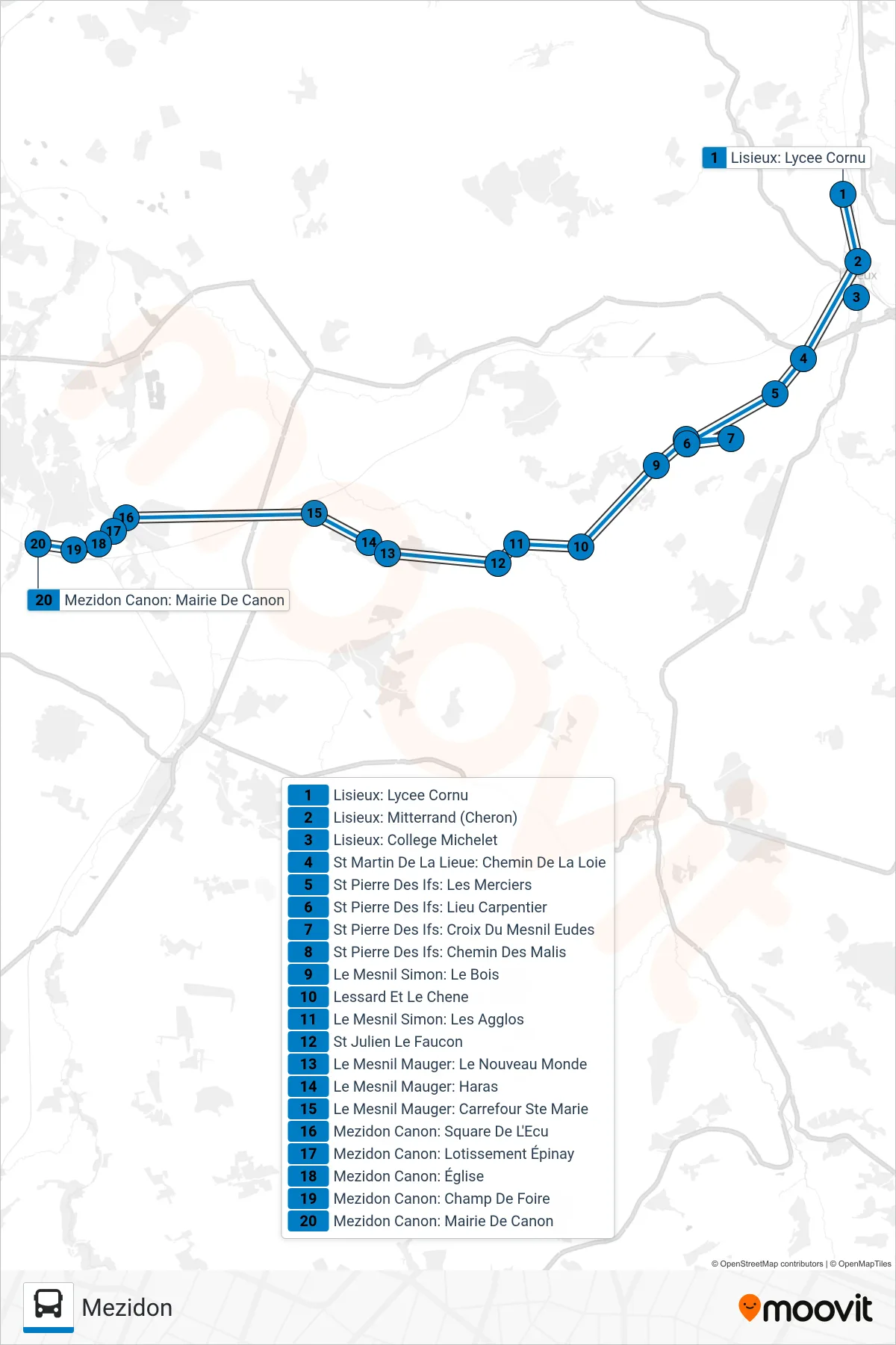 Tracé et arrêts de la ligne LIGNE 155 de bus (Mezidon) sur une carte
