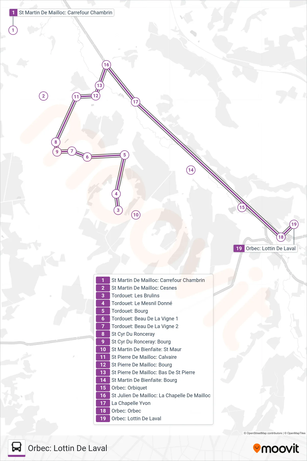 LIGNE 156 bus Line (Orbec: Lottin De Laval) route and stops on a map