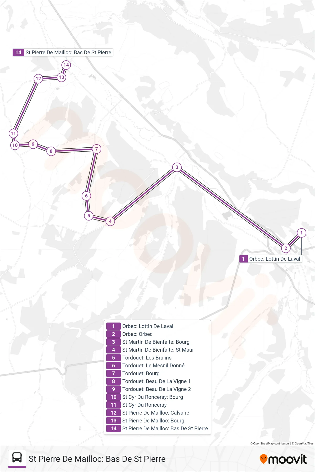 Tracé et arrêts de la ligne LIGNE 156 de bus (St Pierre De Mailloc: Bas De St Pierre) sur une carte