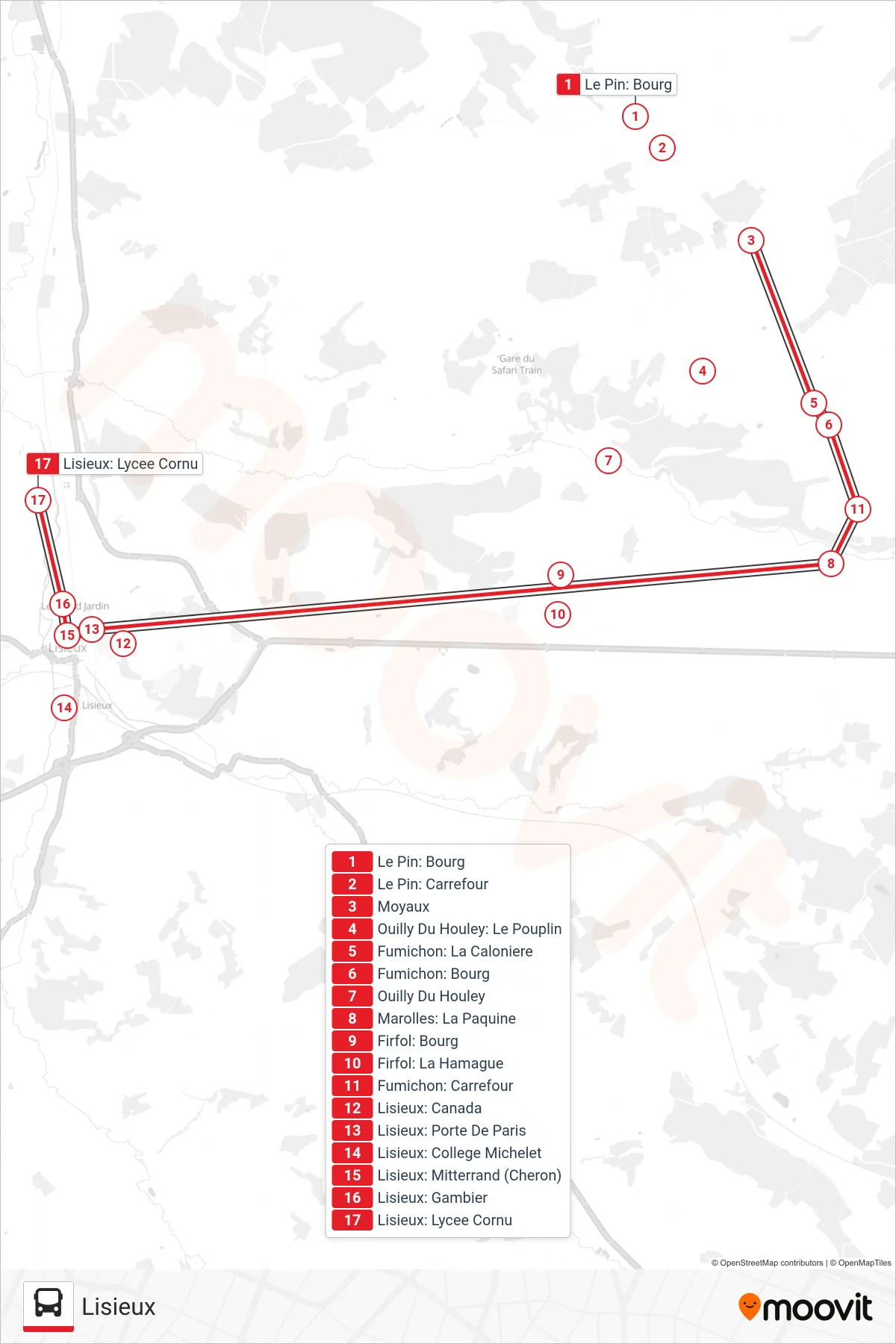 LIGNE 157 bus Line (Lisieux) route and stops on a map