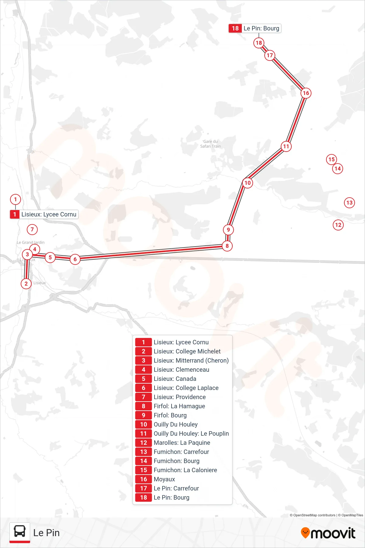 Tracé et arrêts de la ligne LIGNE 157 de bus (Le Pin) sur une carte