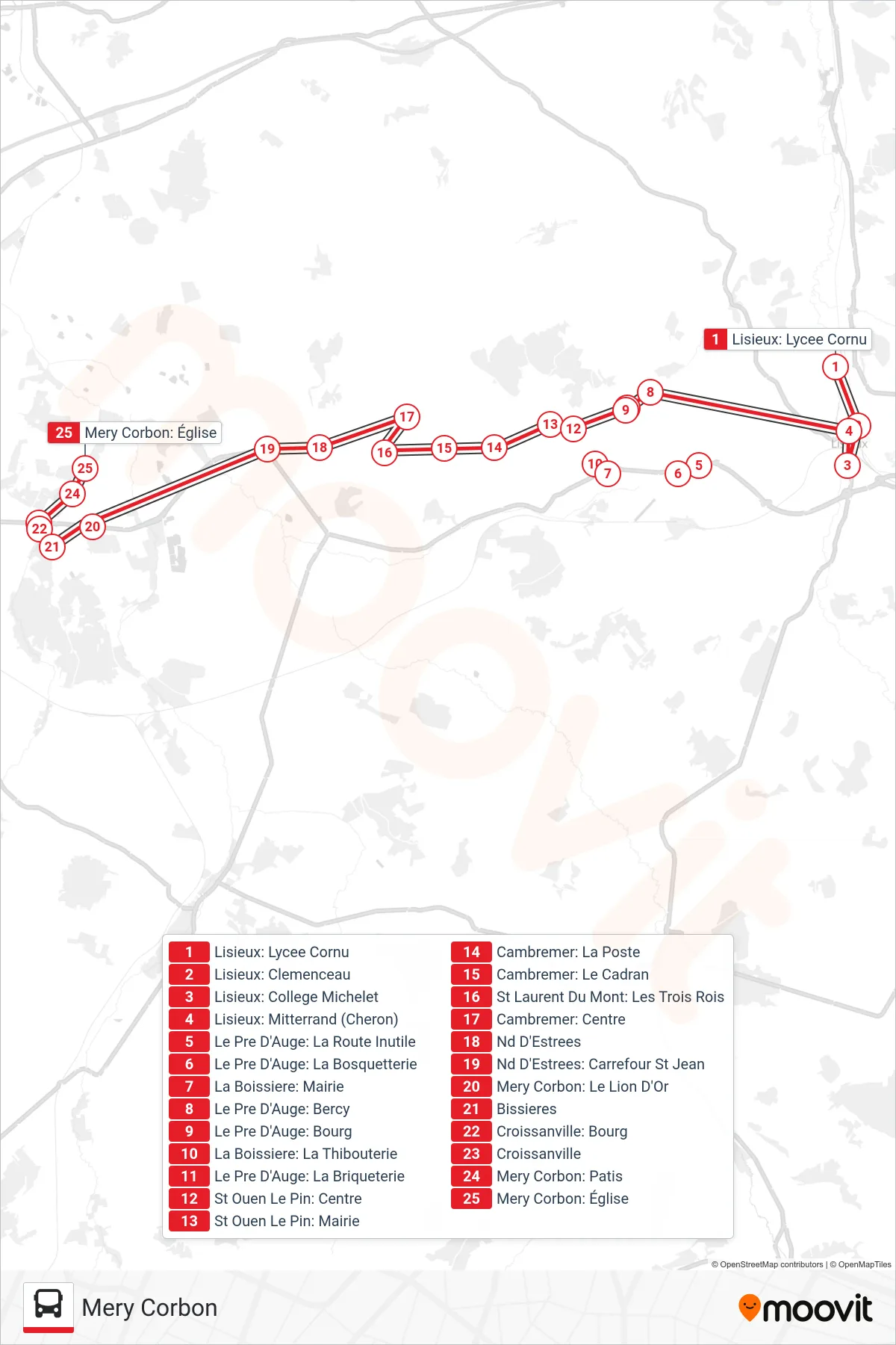 LIGNE 158 bus Line (Mery Corbon) route and stops on a map