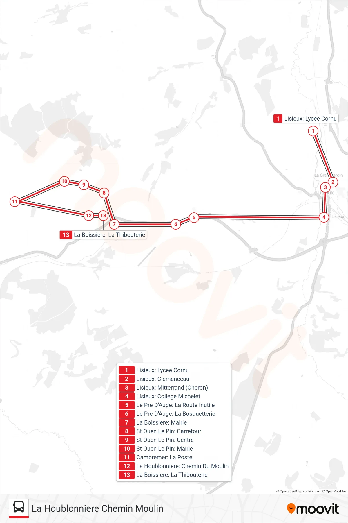 Tracé et arrêts de la ligne LIGNE 158 de bus (La Houblonniere Chemin Moulin) sur une carte