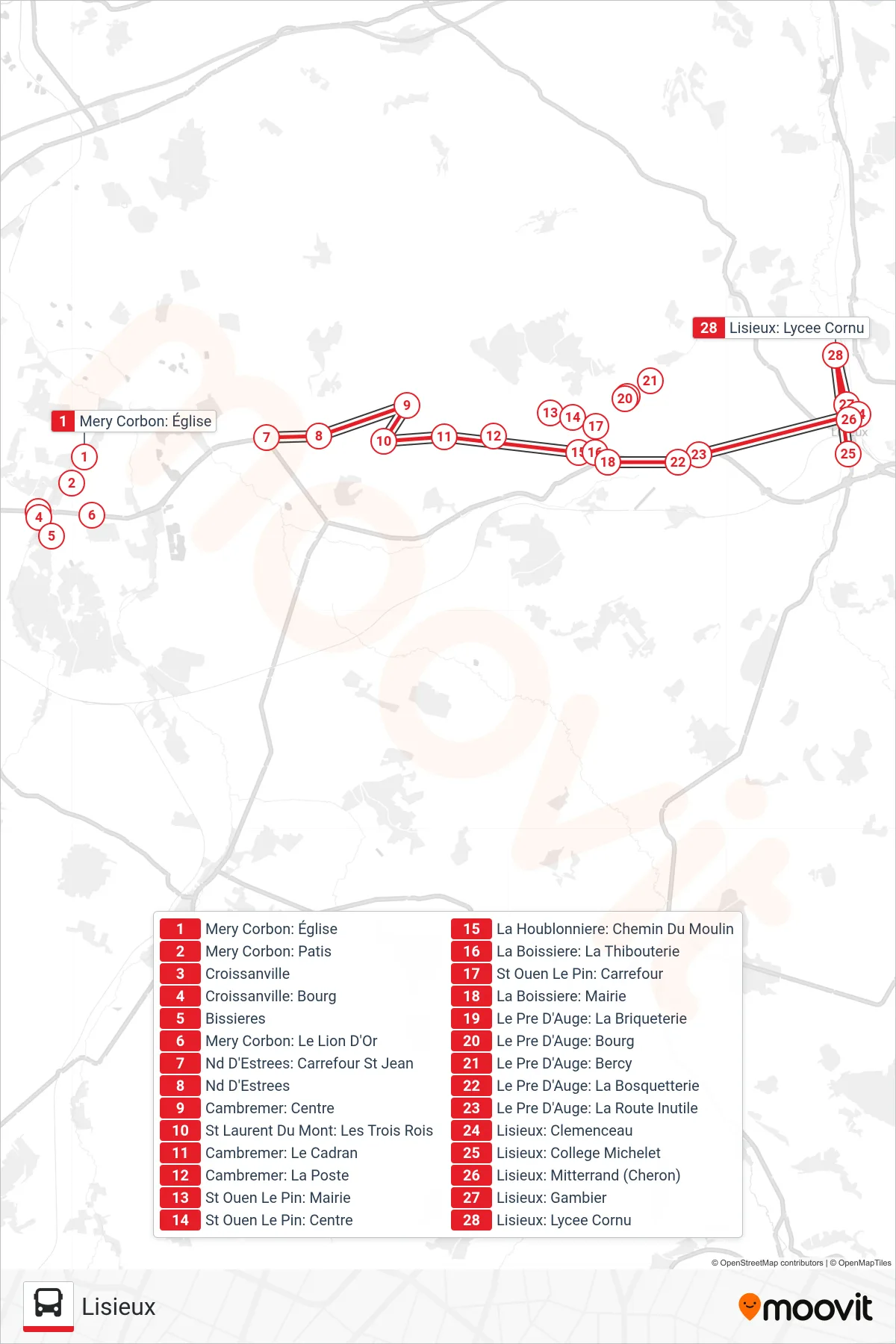 LIGNE 158 bus Line (Lisieux) route and stops on a map