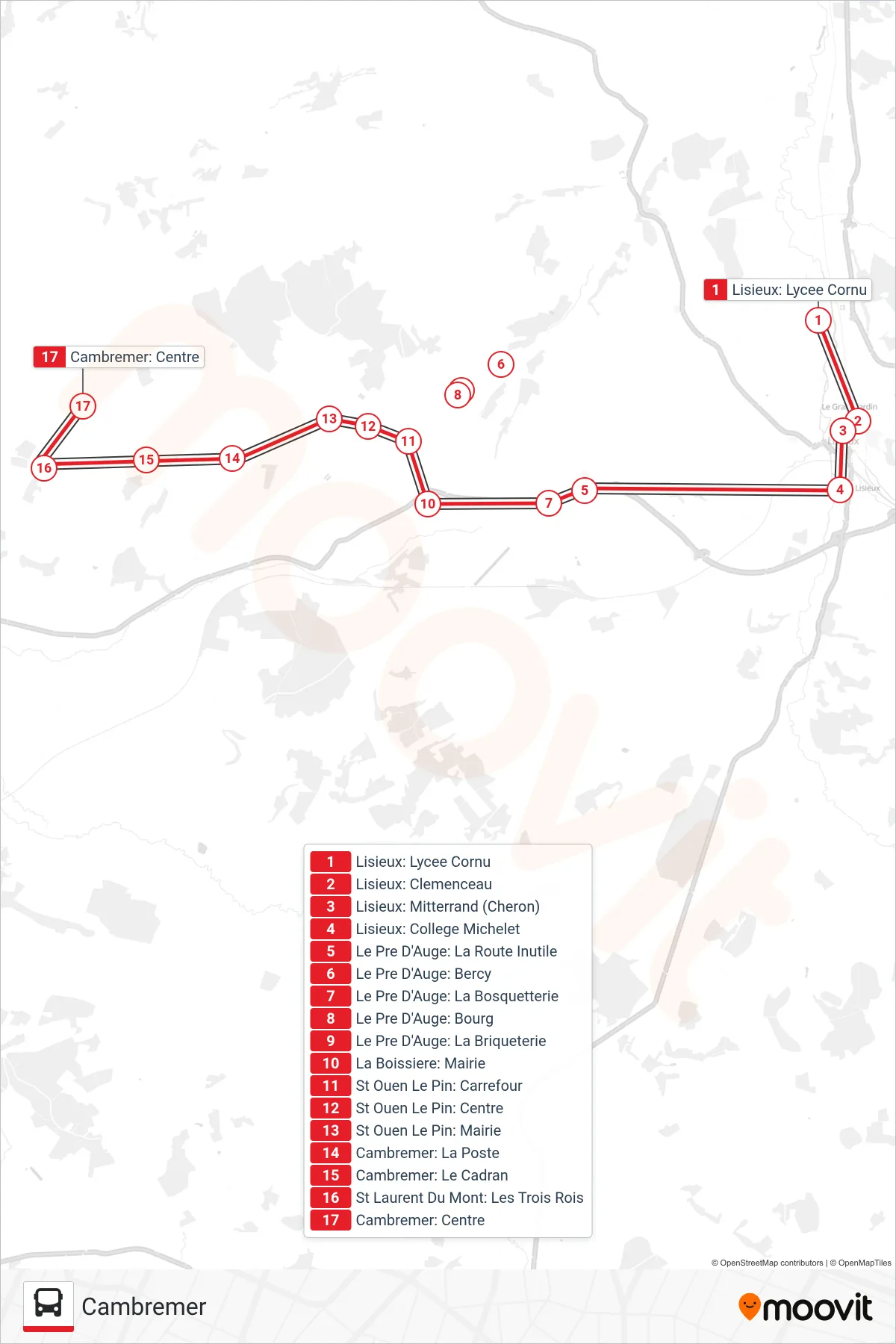 LIGNE 158 bus Line (Cambremer) route and stops on a map