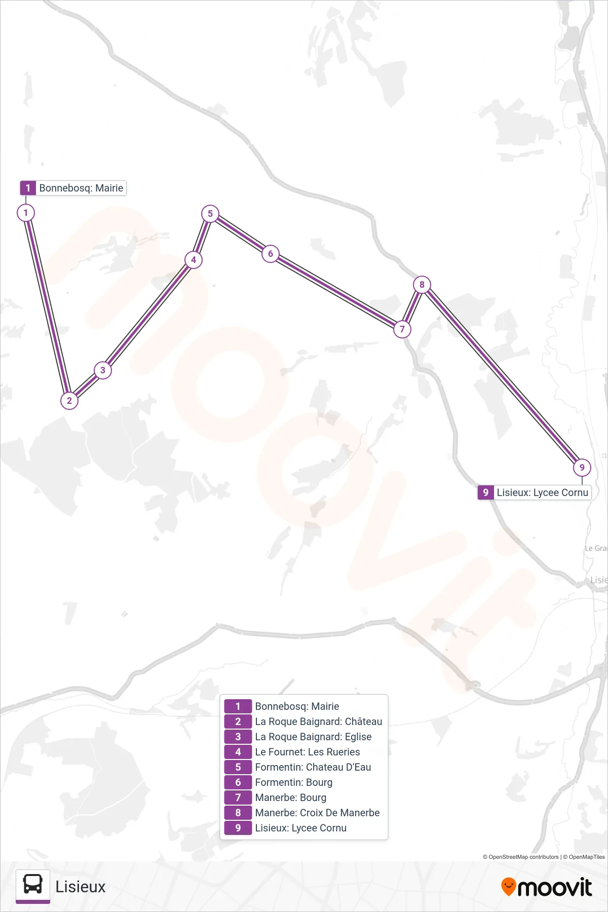 LIGNE 159 bus Line (Lisieux) route and stops on a map