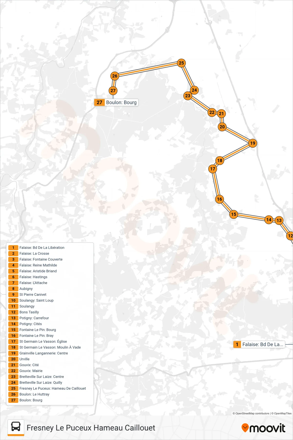 Tracé et arrêts de la ligne LIGNE 160 de bus (Fresney Le Puceux Hameau Caillouet) sur une carte