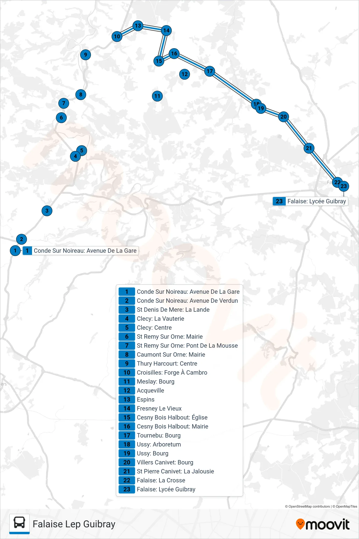 Tracé et arrêts de la ligne LIGNE 161 de bus (Falaise Lep Guibray) sur une carte