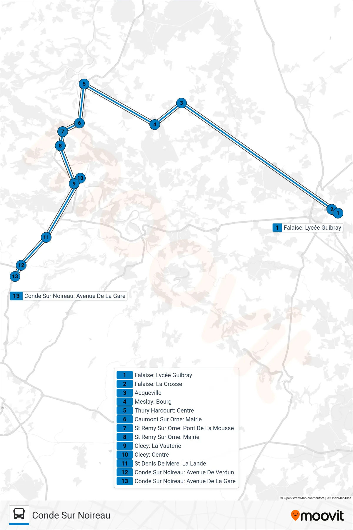 LIGNE 161 bus Line (Conde Sur Noireau) route and stops on a map