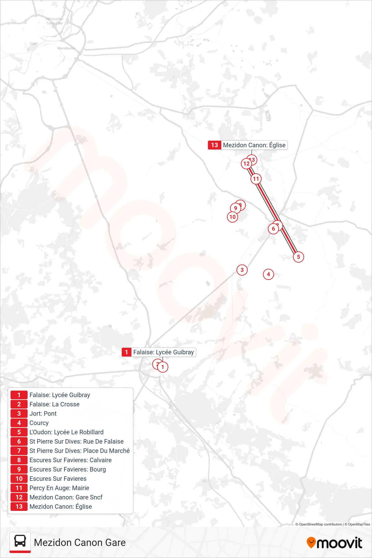 Tracé et arrêts de la ligne LIGNE 162 de bus (Mezidon Canon Gare) sur une carte