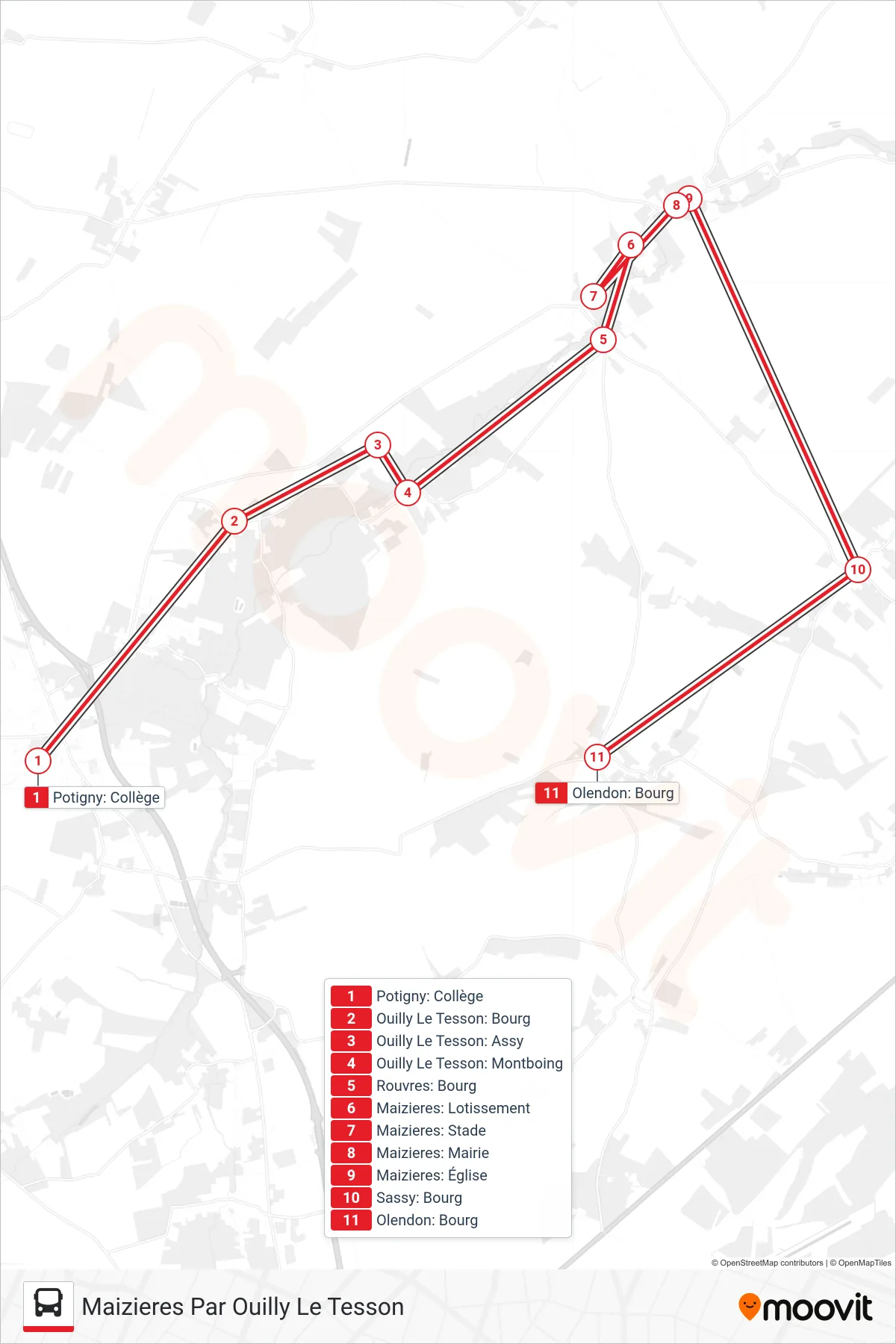 LIGNE 163 bus Line (Maizieres Par Ouilly Le Tesson) route and stops on a map