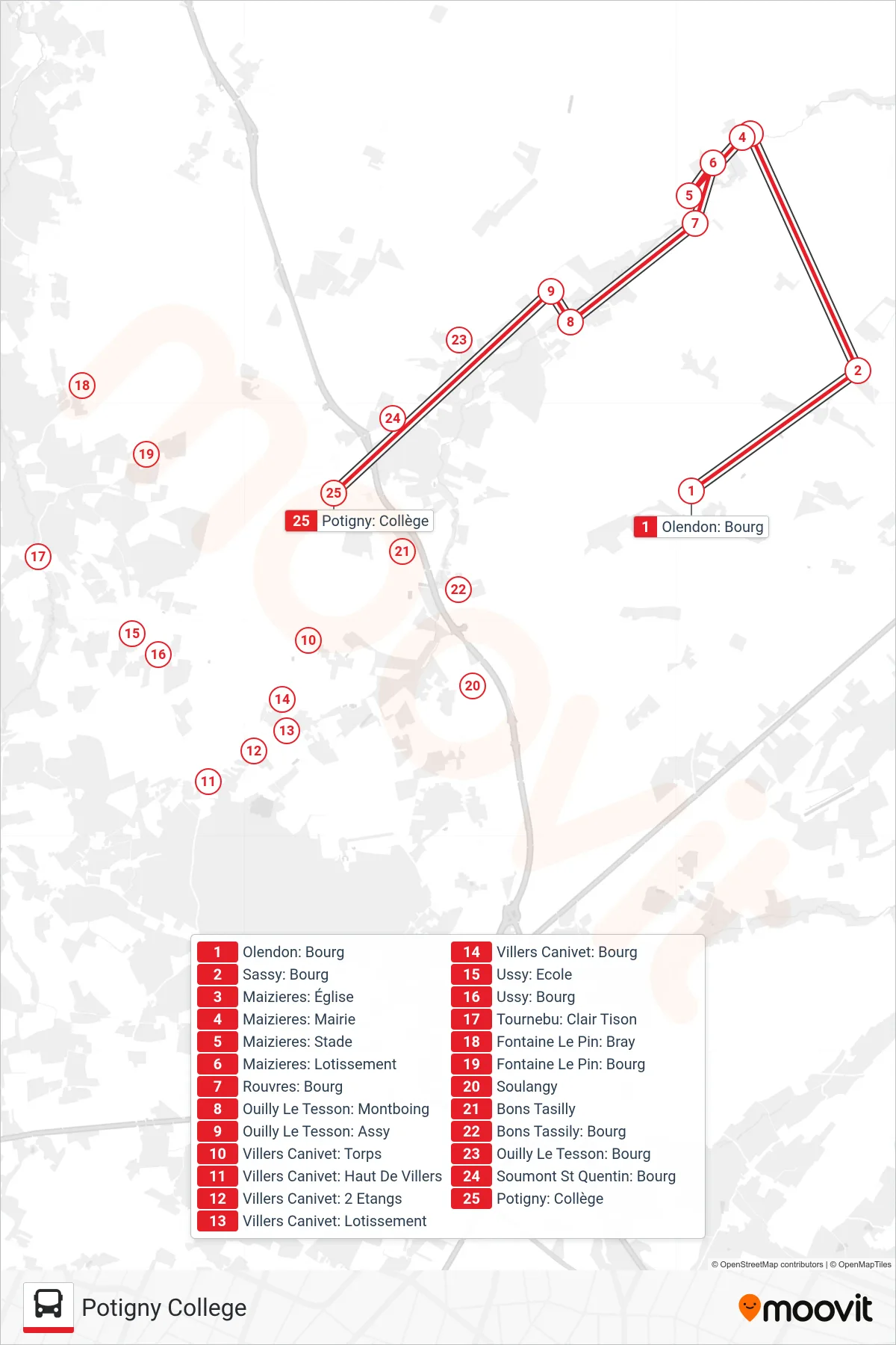 LIGNE 163 bus Line (Potigny College) route and stops on a map